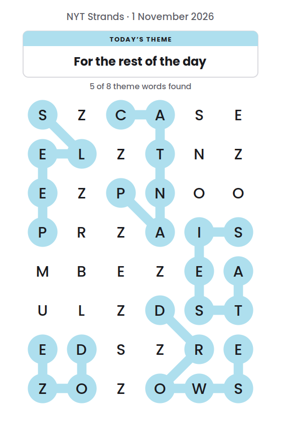 NYT Strands board for 1 November 2026 with 5 of 8 words found; the newest is SLEEP.