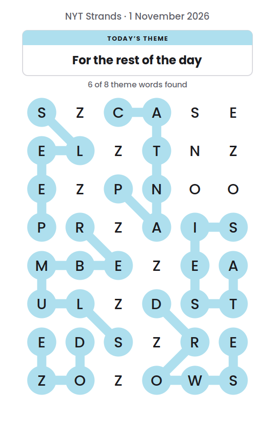 NYT Strands board for 1 November 2026 with 6 of 8 words found; the newest is SLUMBER.