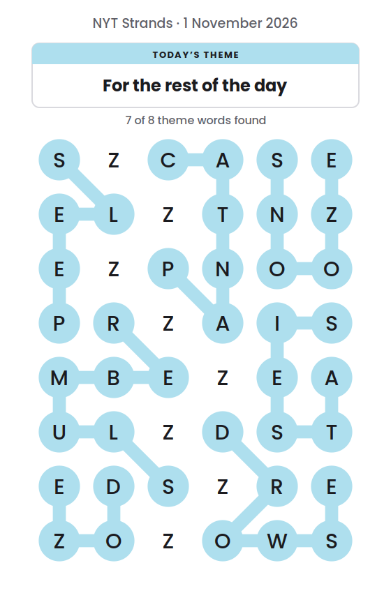 NYT Strands board for 1 November 2026 with 7 of 8 words found; the newest is SNOOZE.