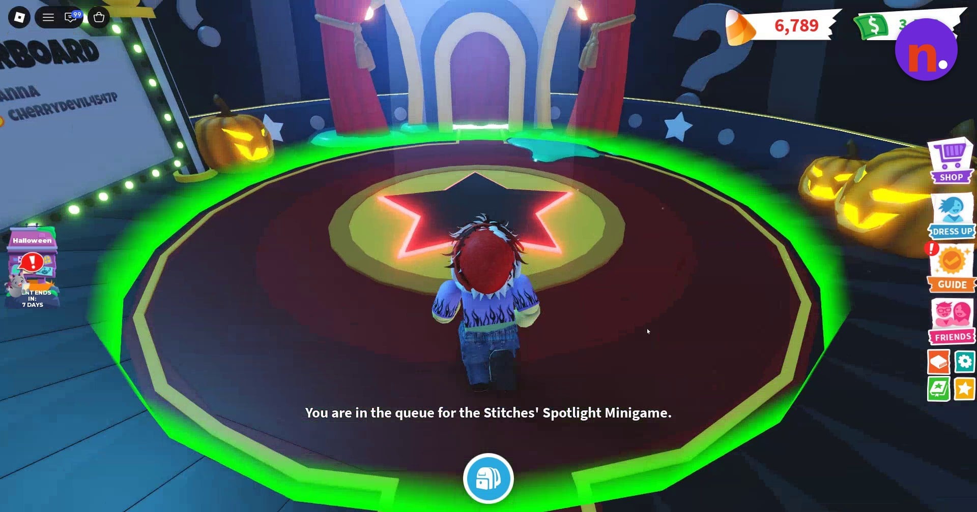 The glowing circus stage and queue confirmation