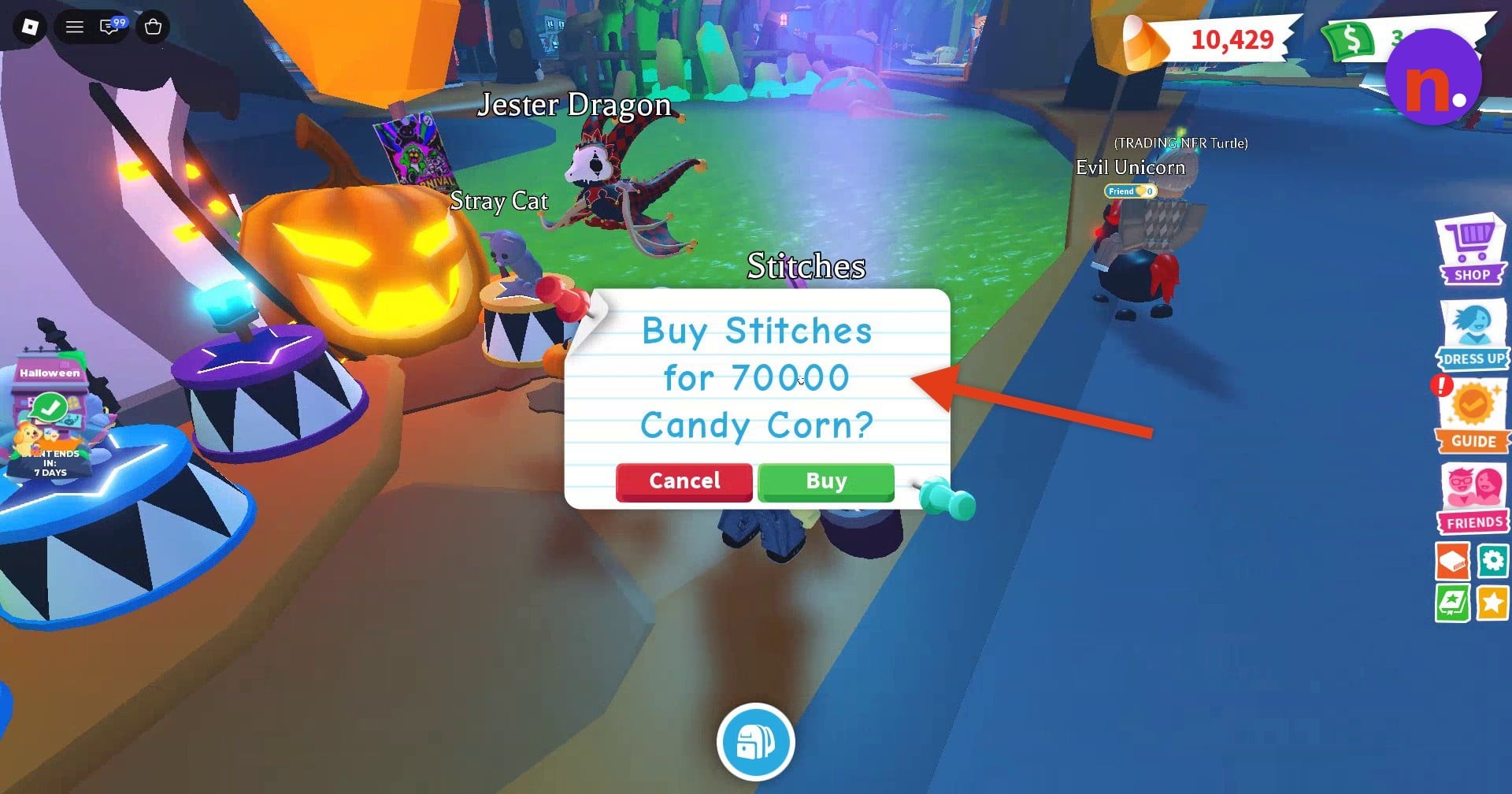 Stitches costs 70,000 Candy Corn