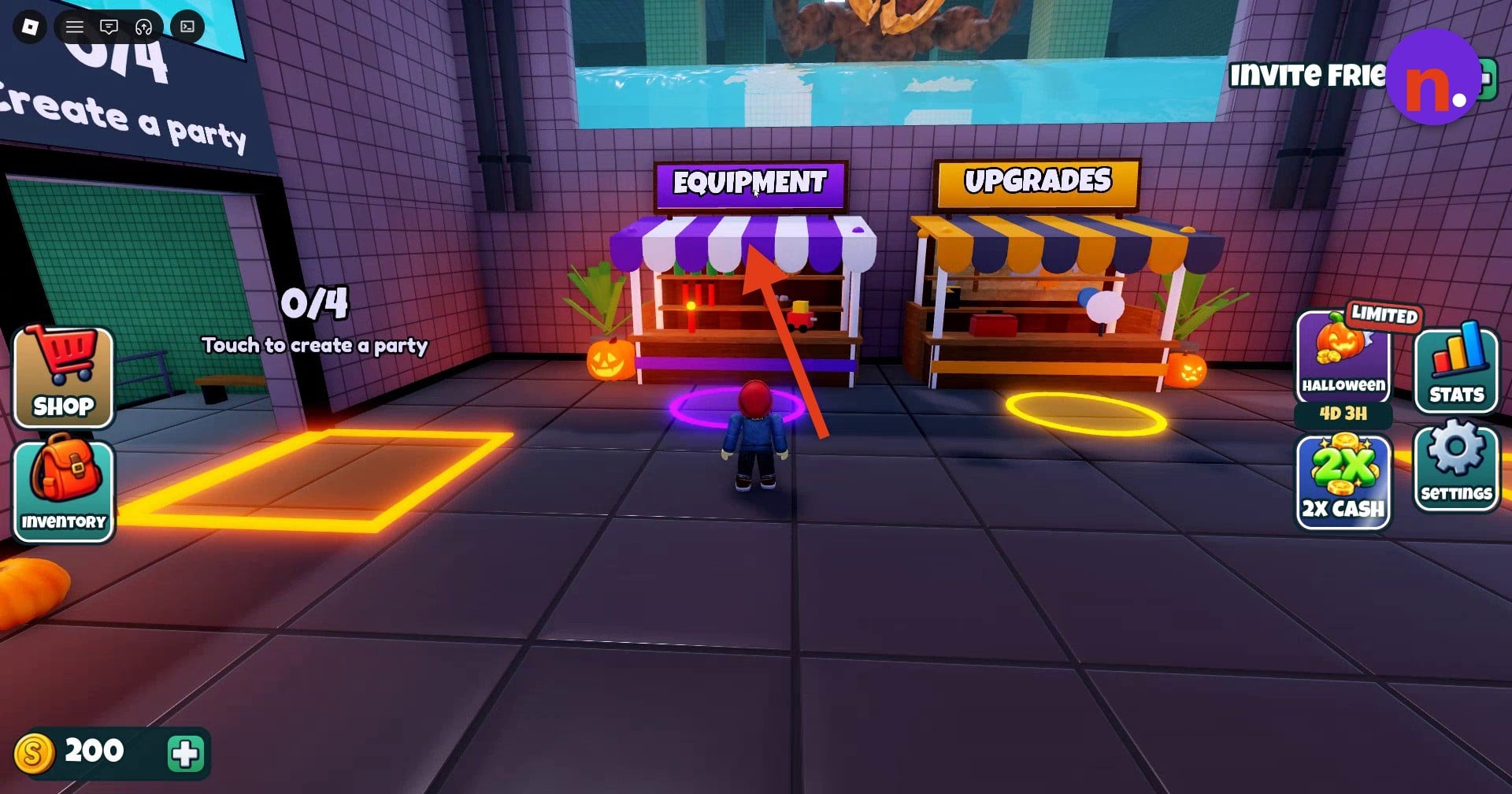 Find the Equipment stall beside Upgrades