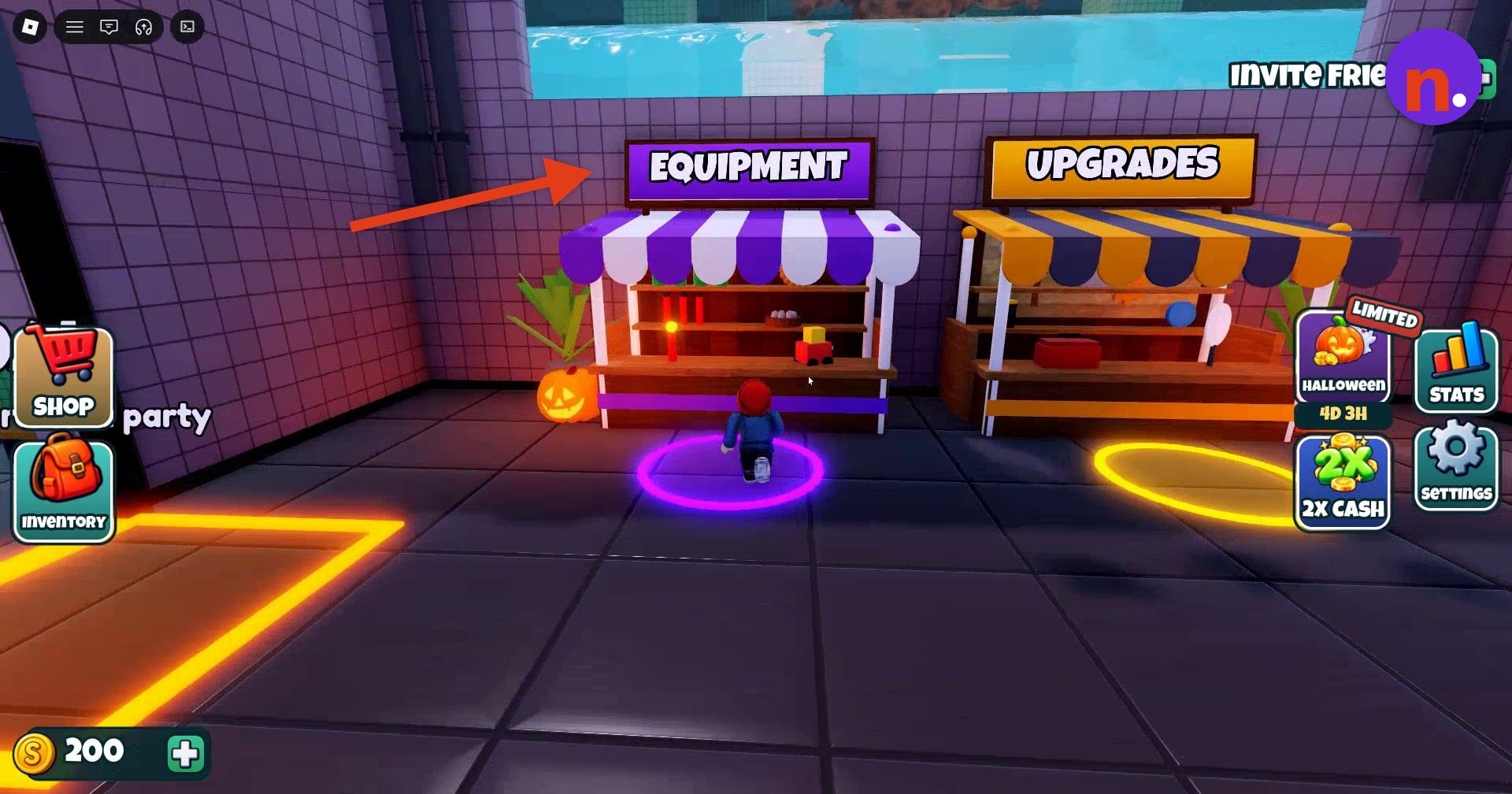 Enter the purple circle at the Equipment booth