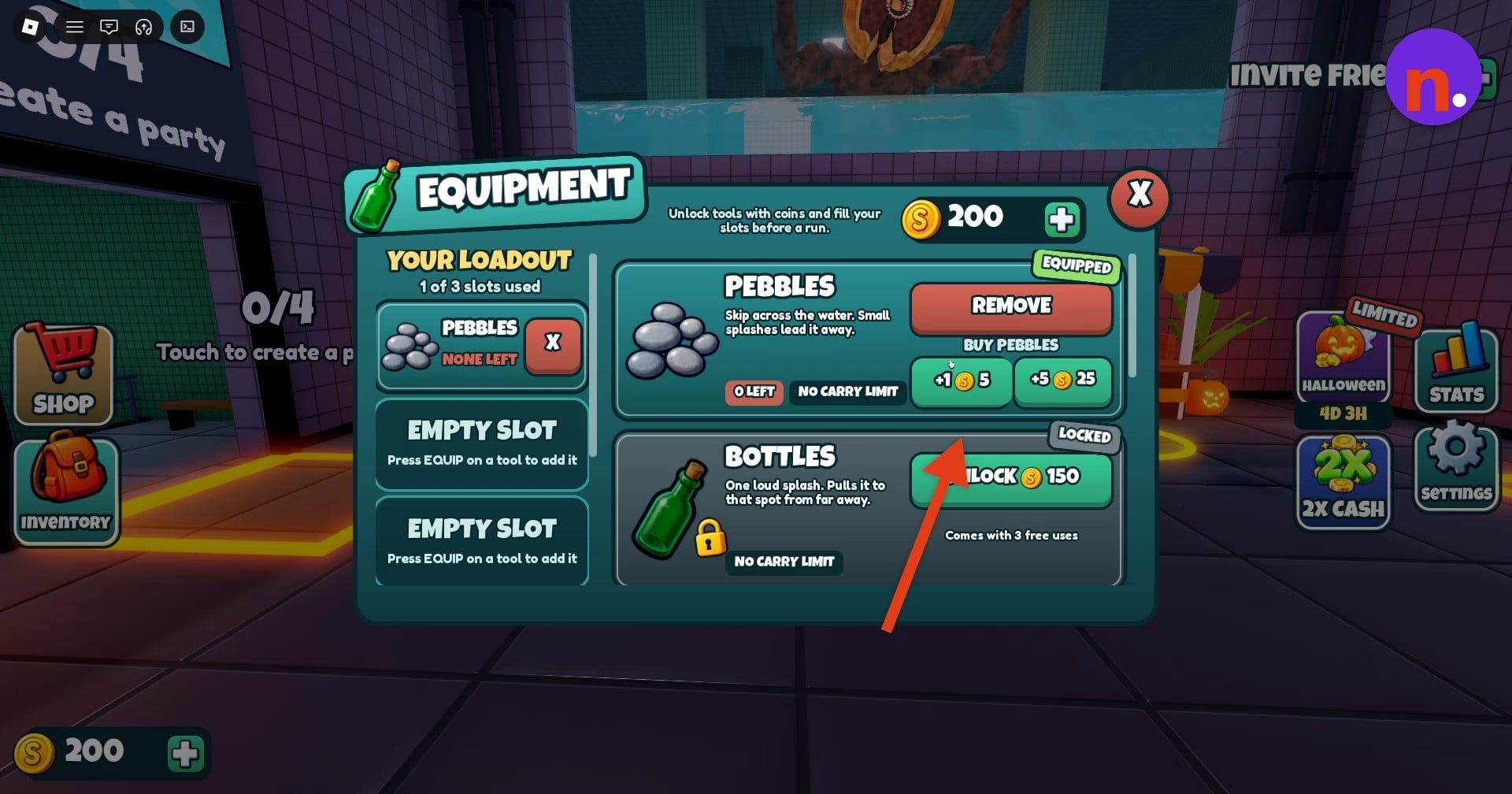 Buy Pebbles and manage the equipped tool