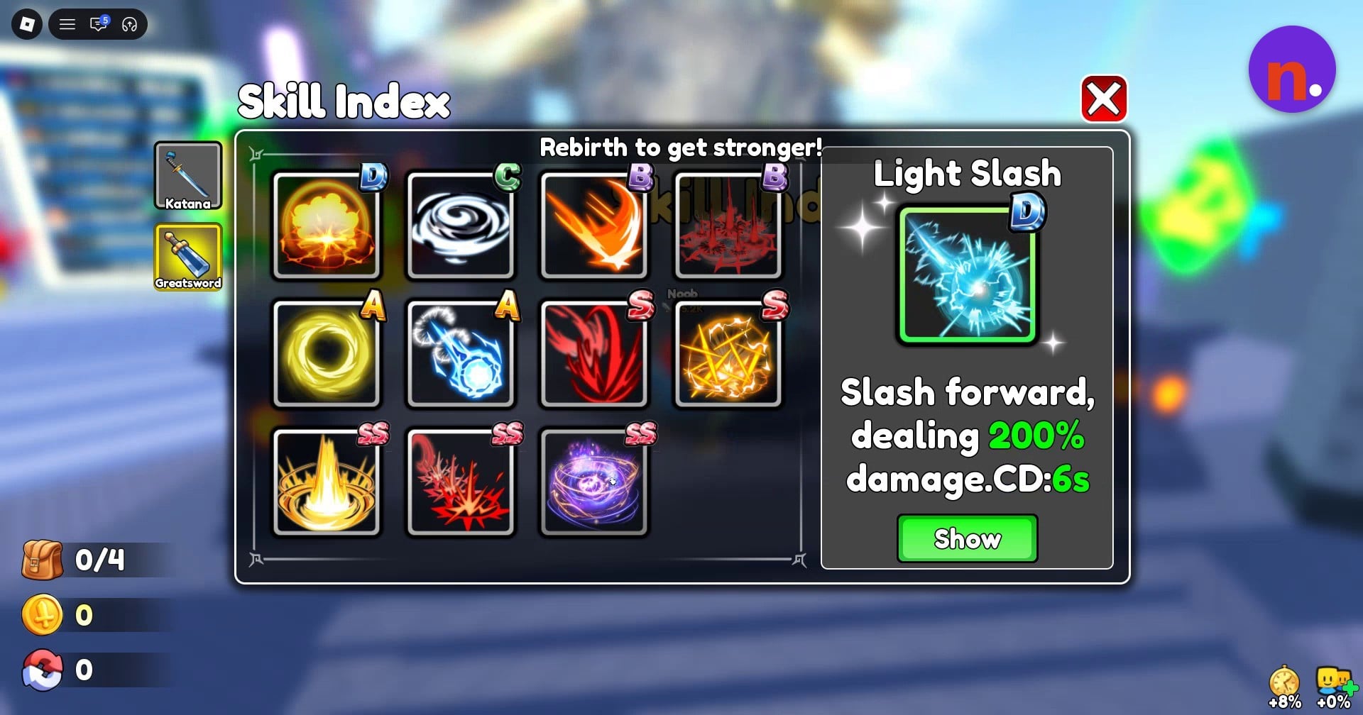 Weapon tabs along the left of Skill Index