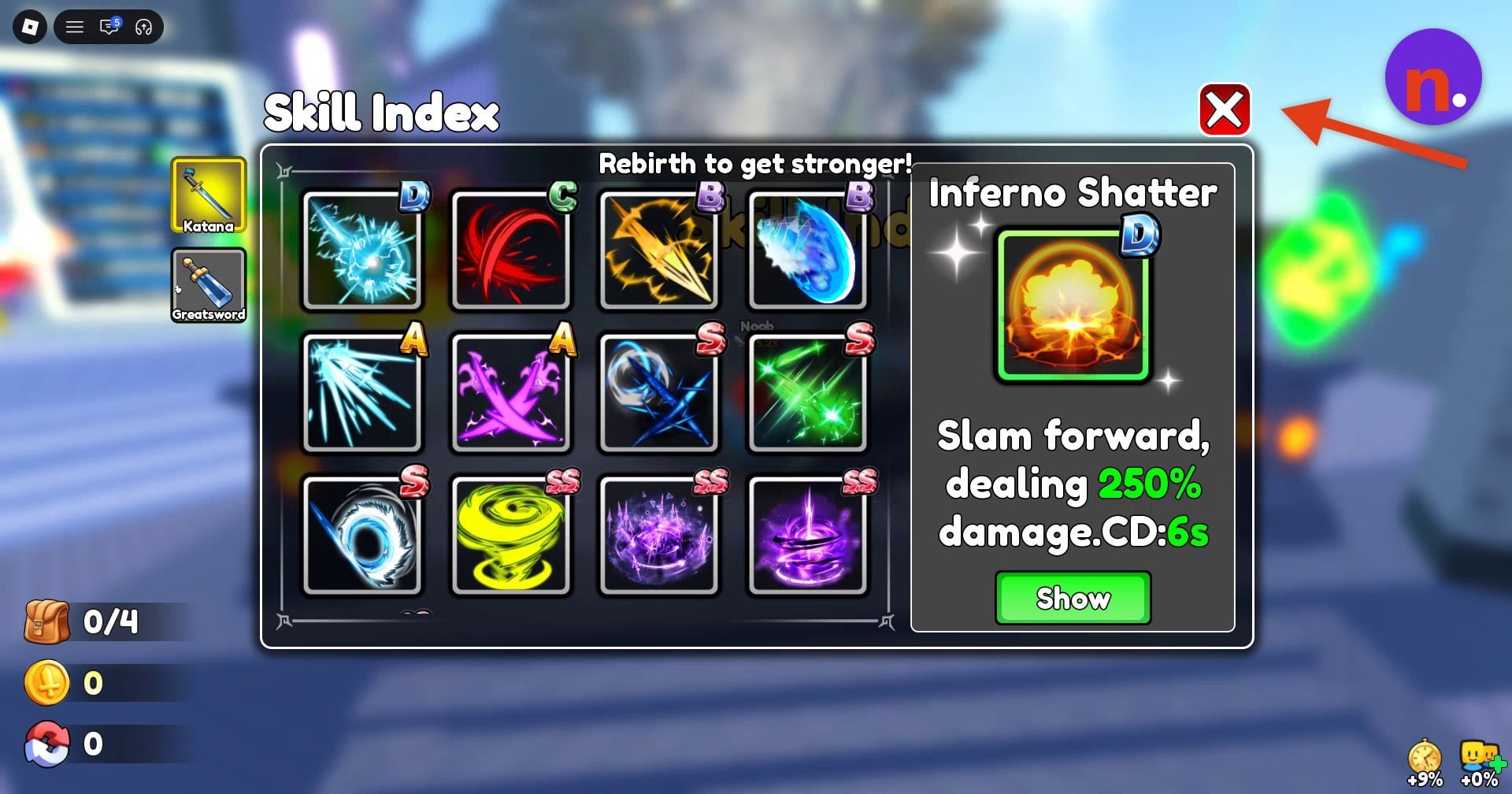 The Skill Index window and close control