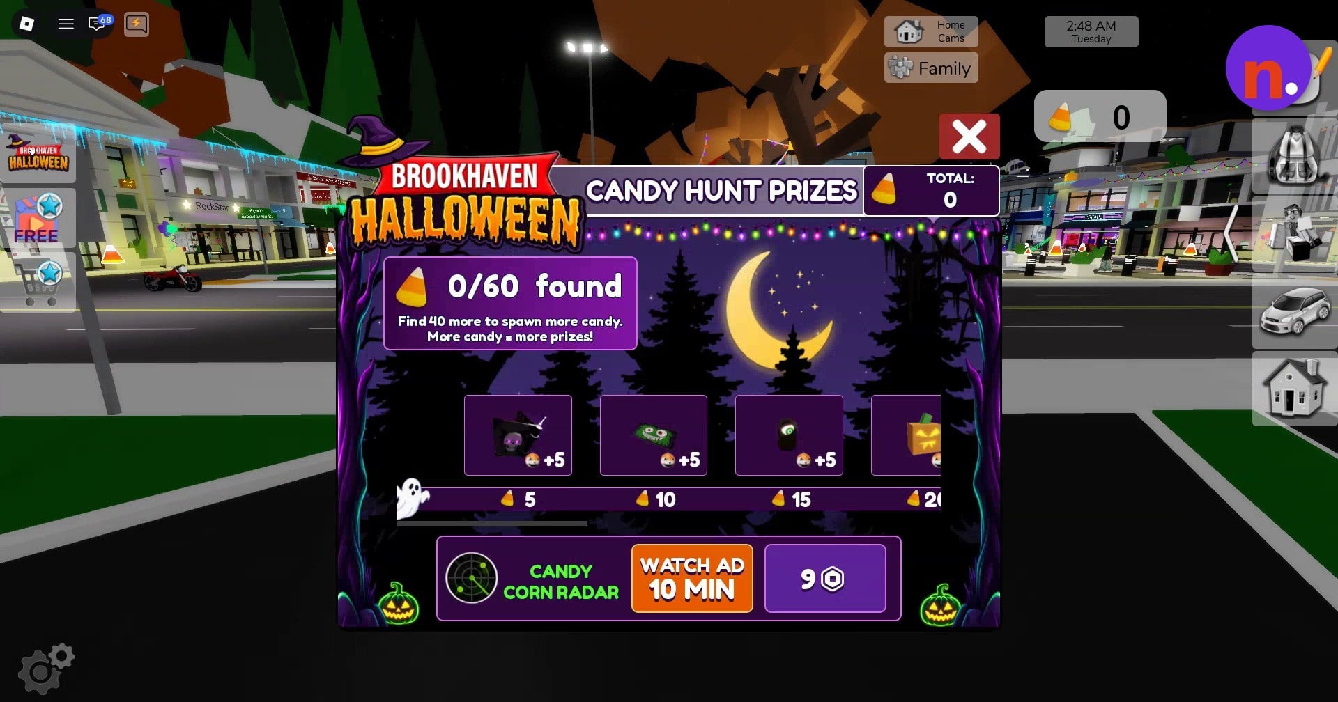 The Halloween prizes menu and Candy Corn Radar controls