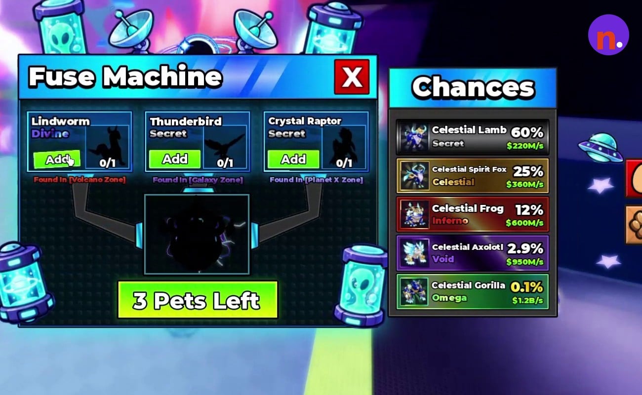 Three empty pet slots and the Chances panel
