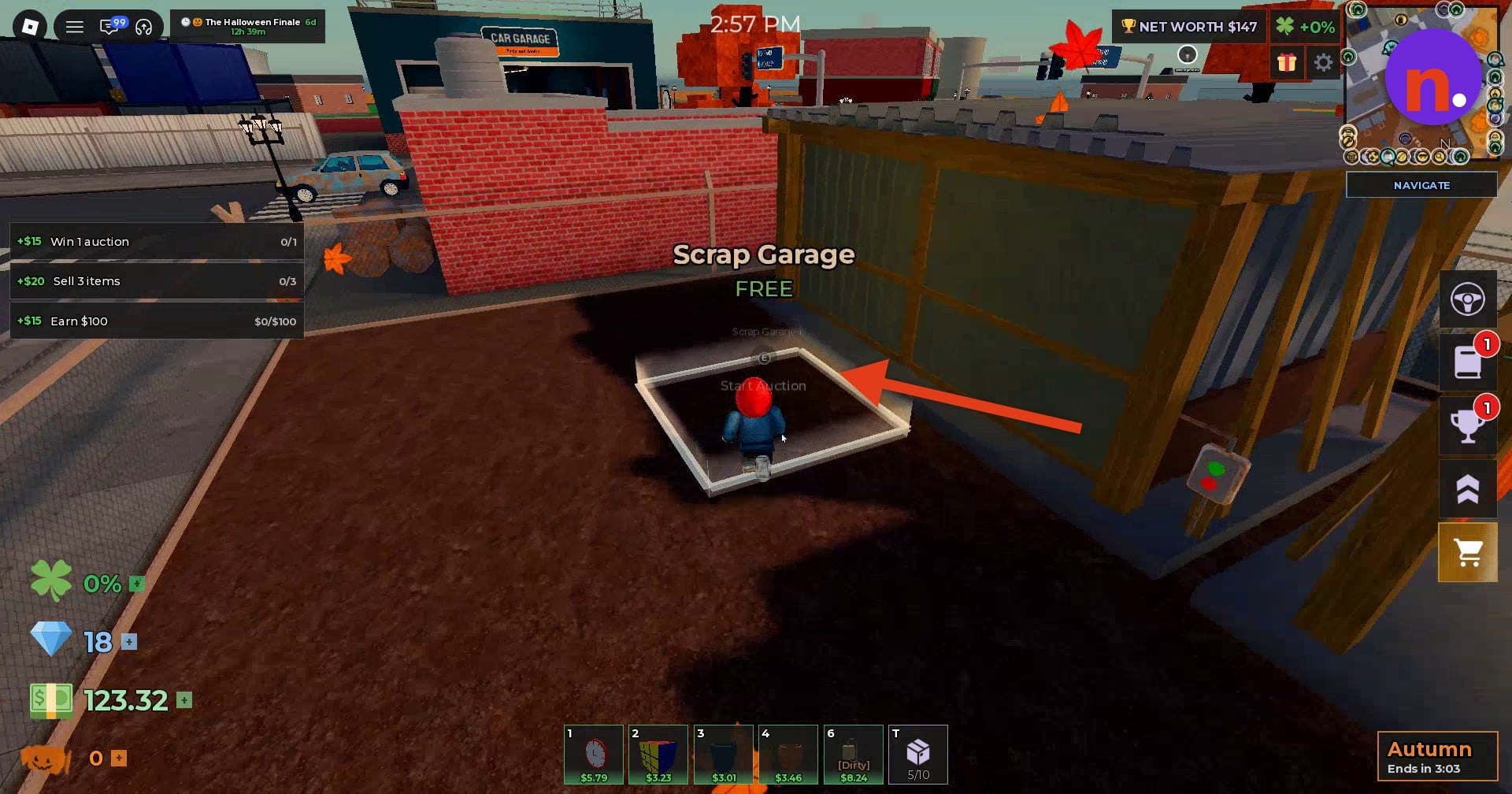 The Scrap Garage interaction pad and Start Auction prompt