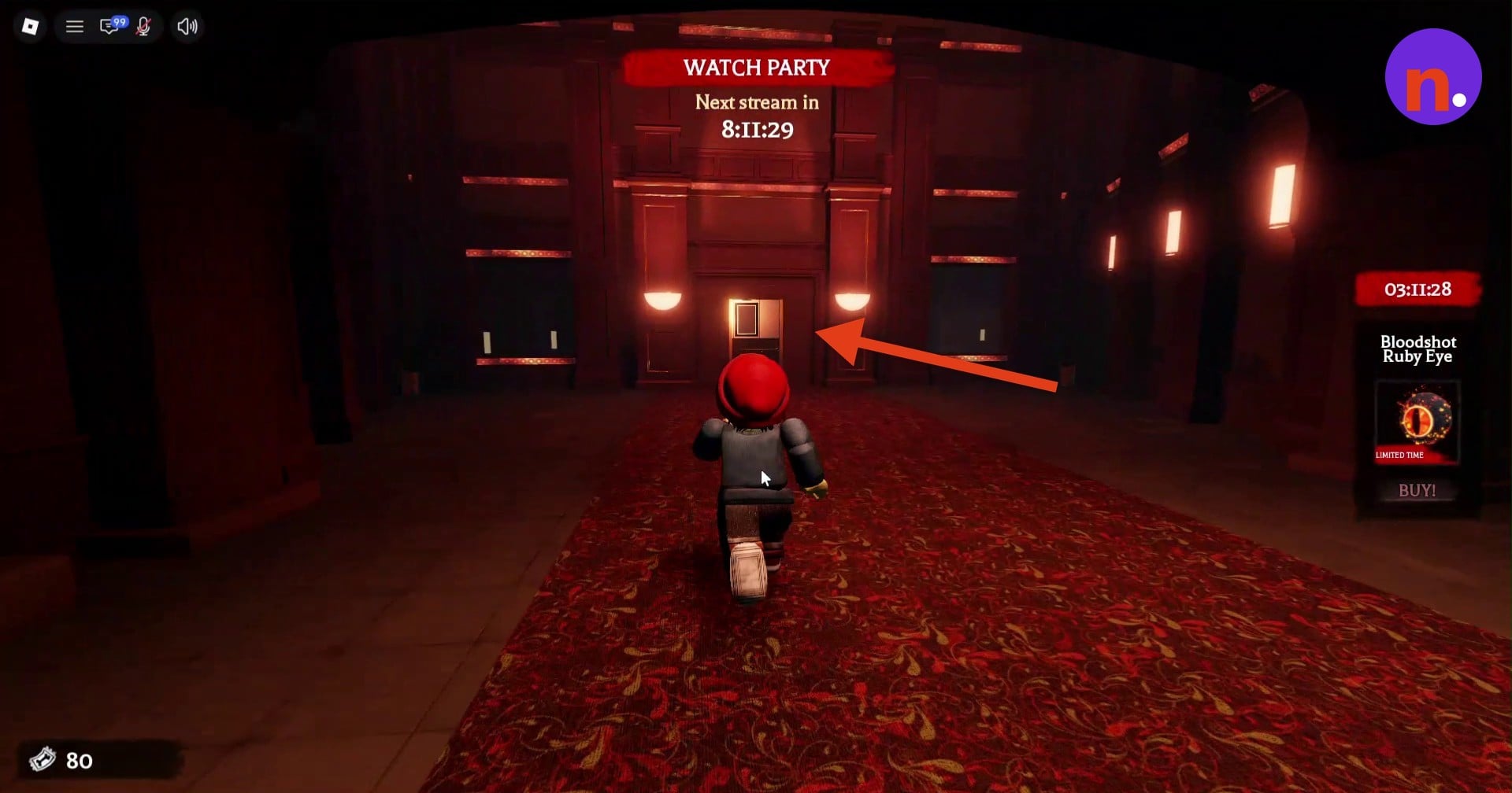 The elevator at the end of the red-carpeted hallway