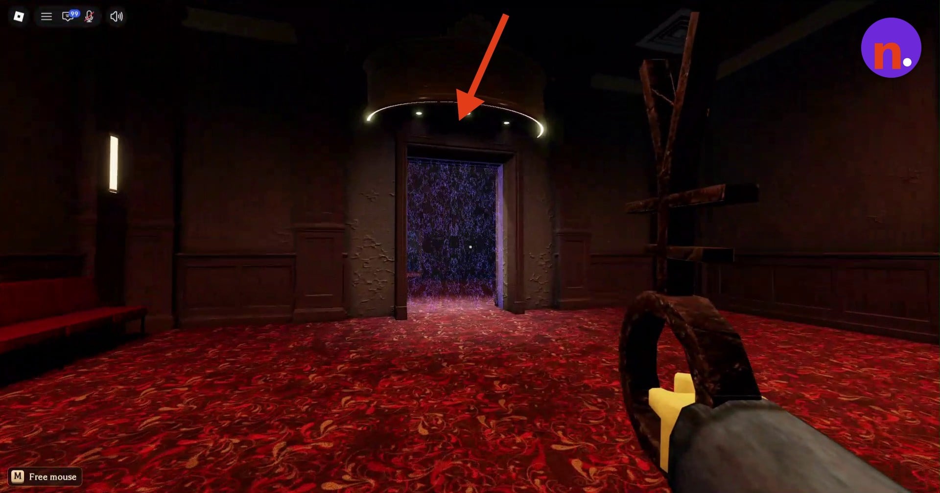 The escape elevator filled with purple particles