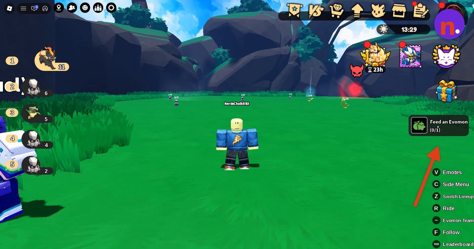 Find the Feed an Evomon objective on your HUD