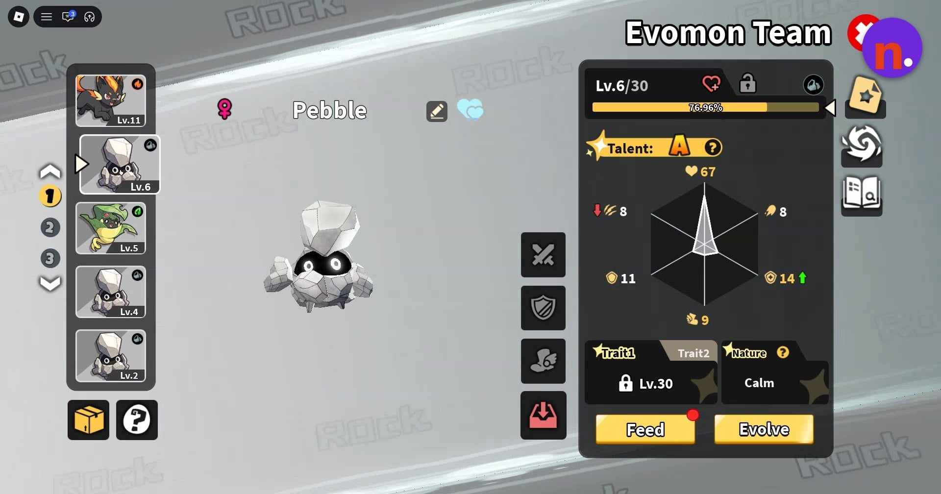 Select your intended Evomon from the left-side roster