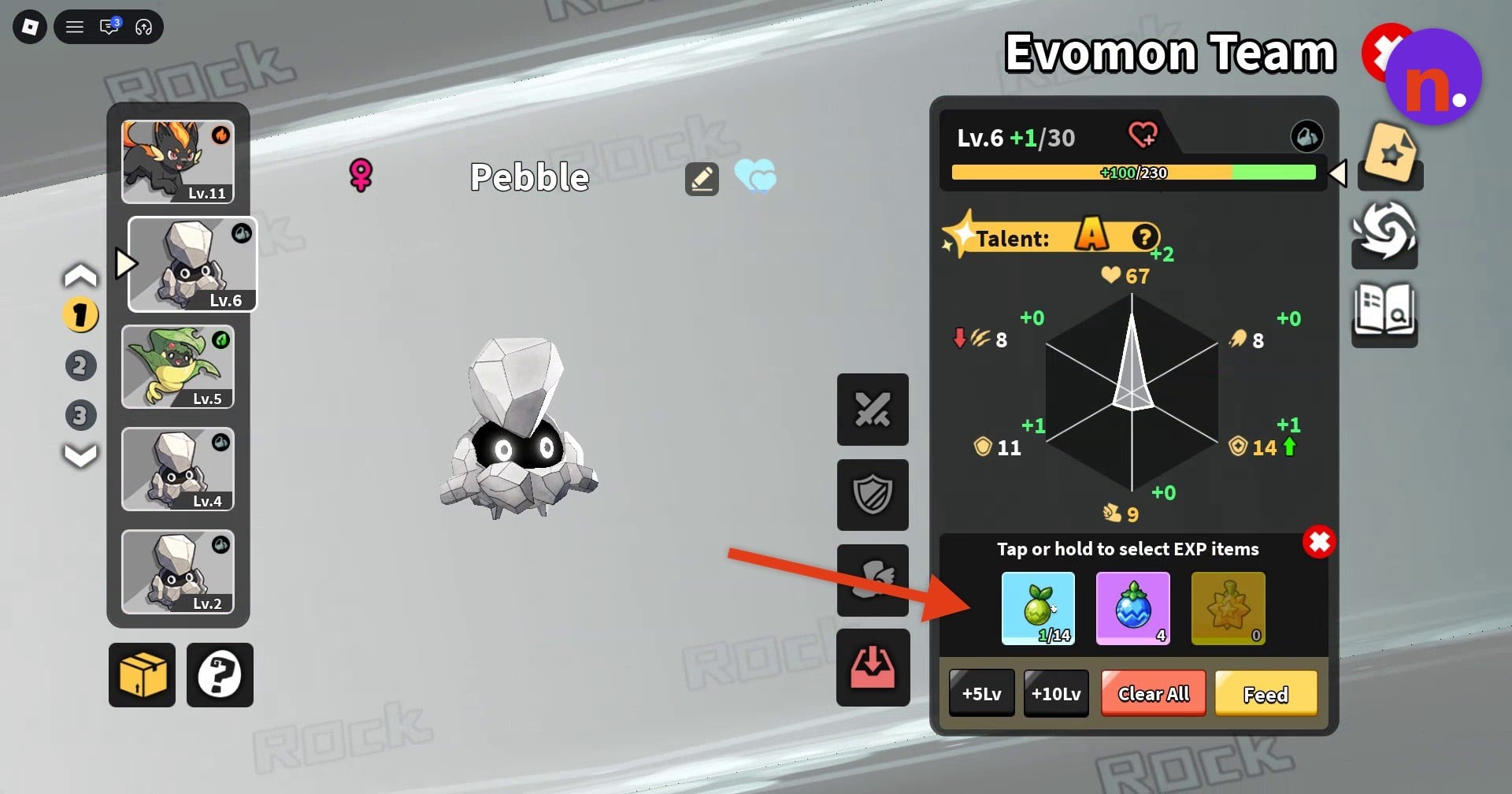 Choose EXP items in the feeding tray