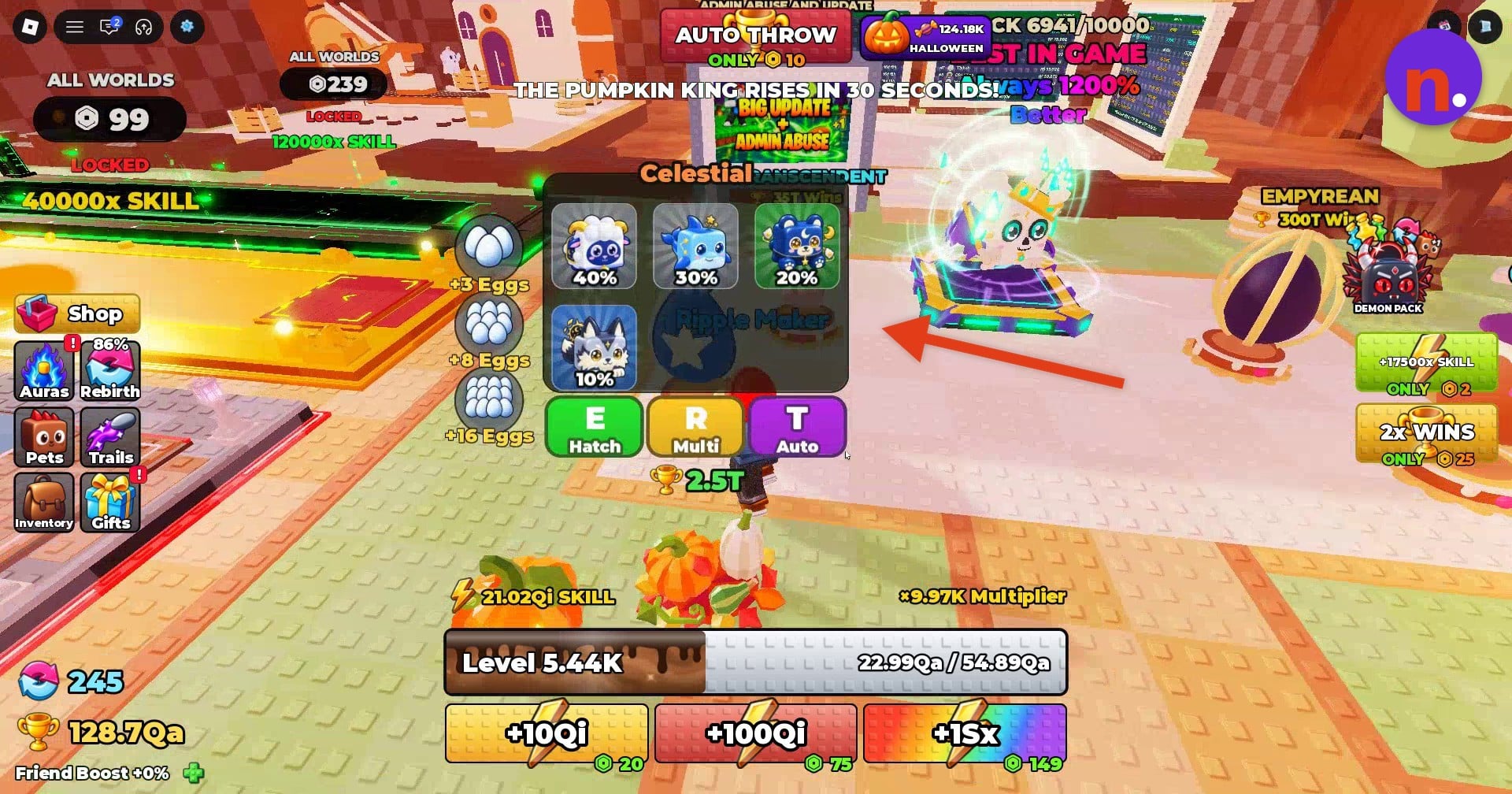 The Celestial Egg menu shows its pet pool, hatch odds, and hatching controls.