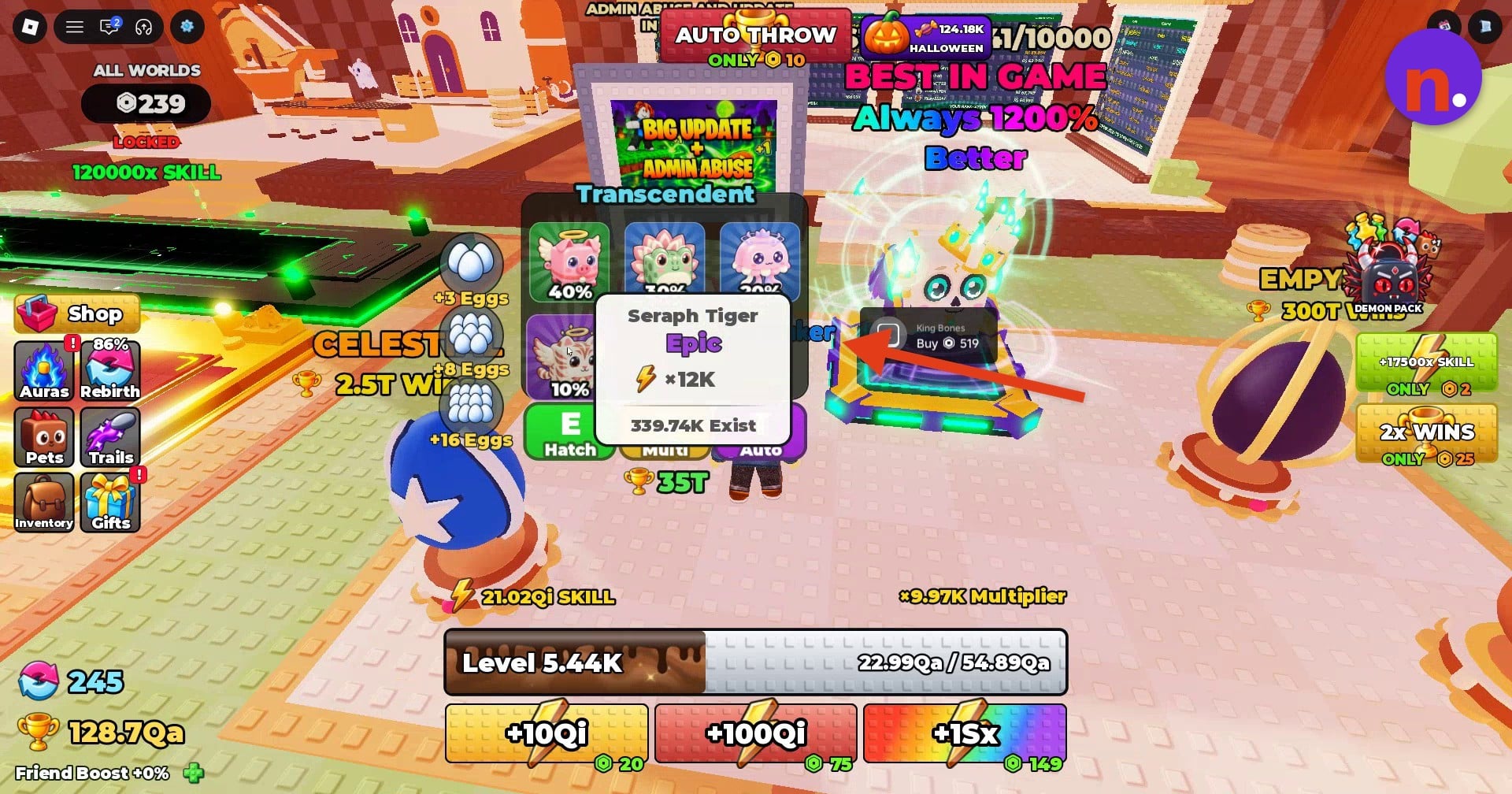 Seraph Tiger's individual details appear in the Transcendent Egg menu.