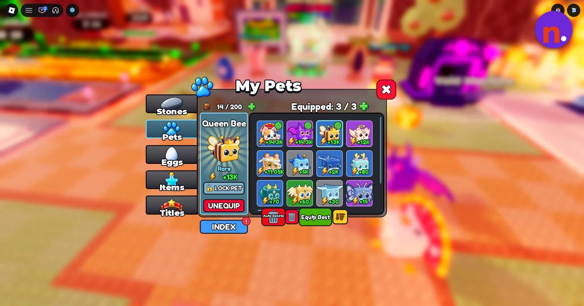 The Equipped banner shows when all three pet slots are filled.