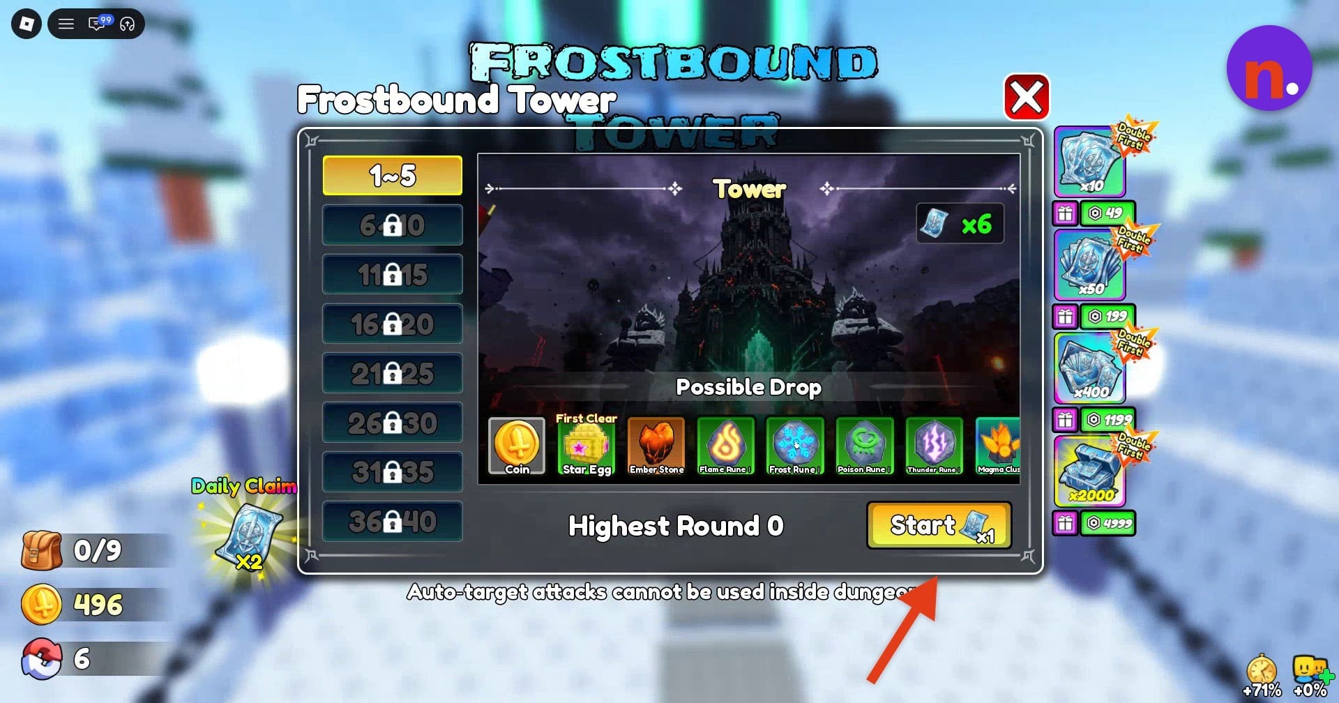 Frostbound Tower stage selection and Start button