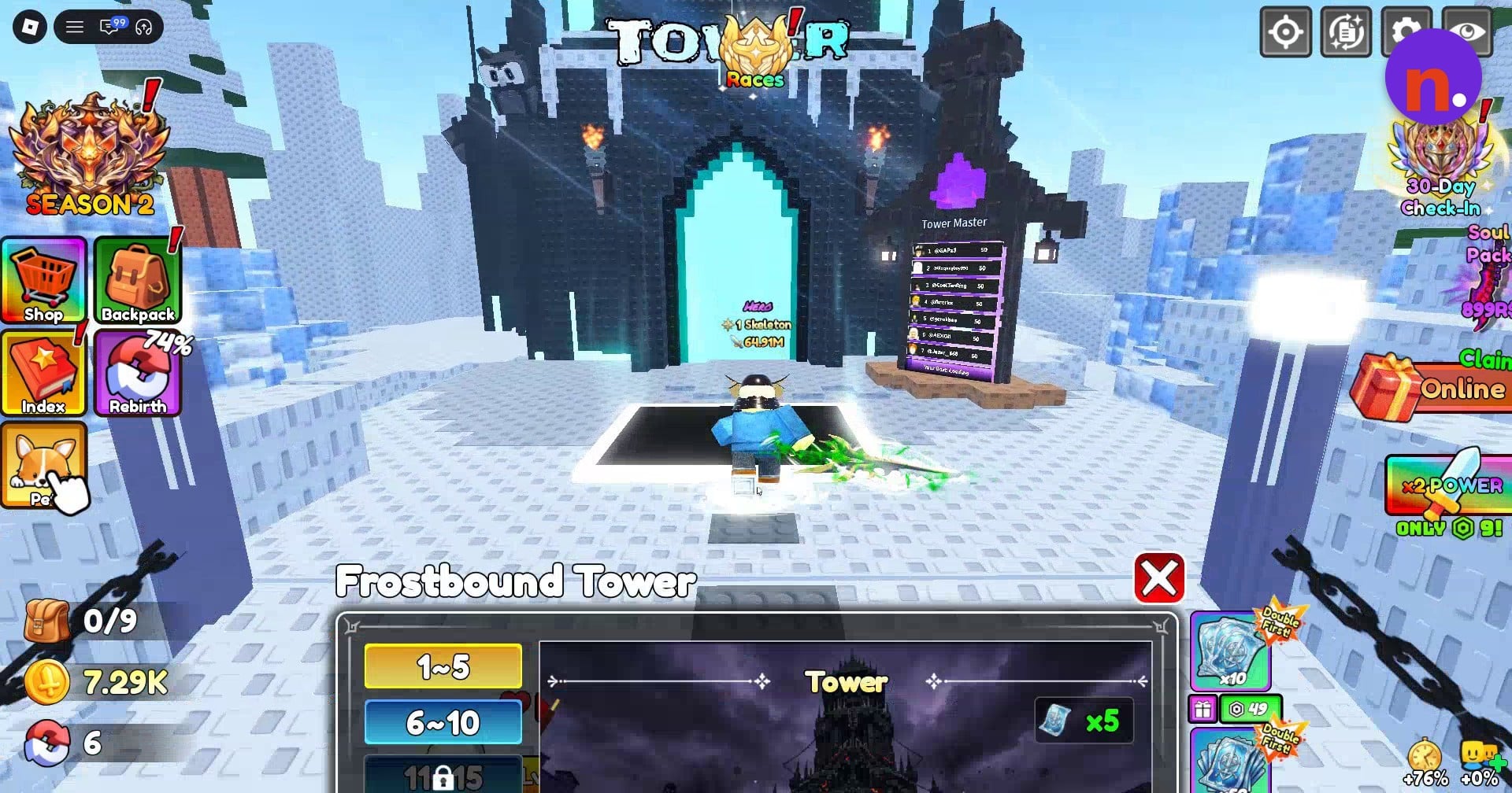 Frostbound Tower’s round selection and reward menu