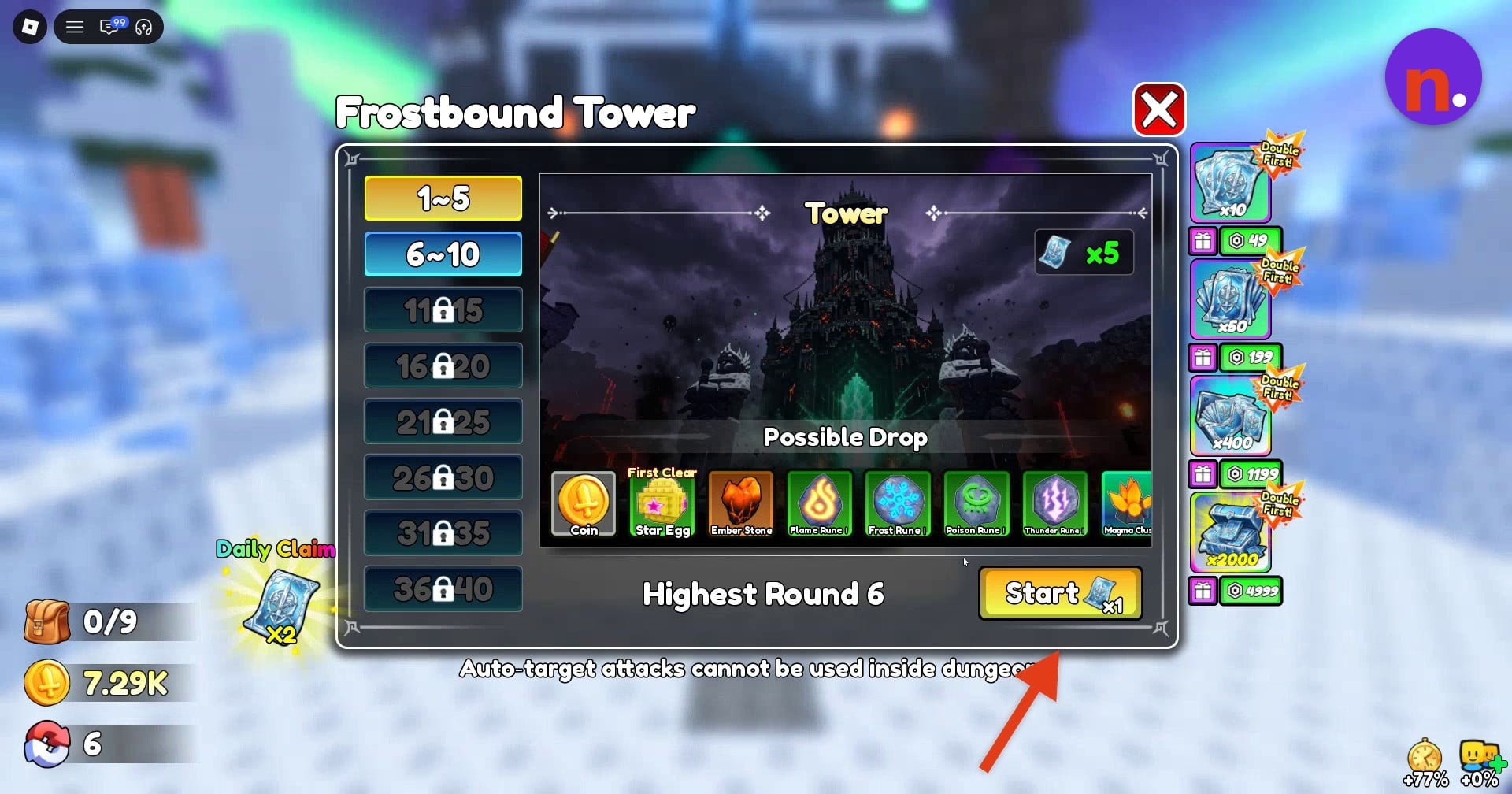 Choose a round tier and use Start