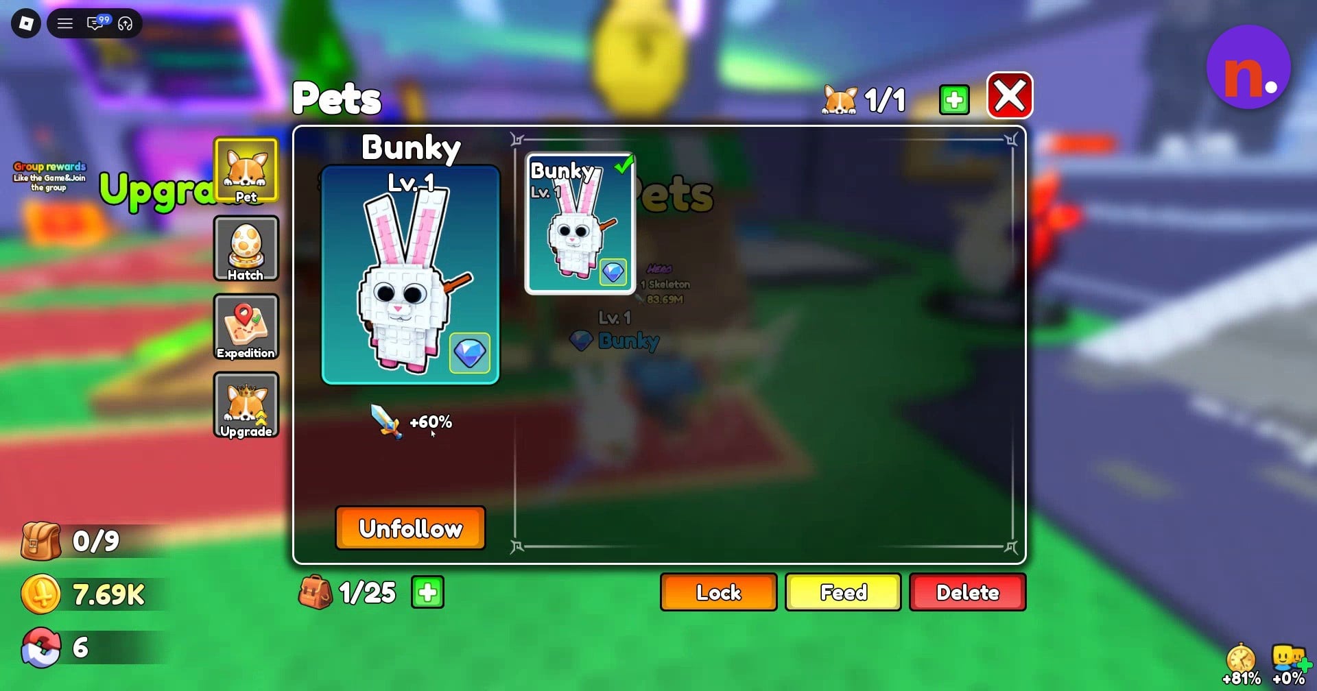 Bunky’s stats and pet management controls