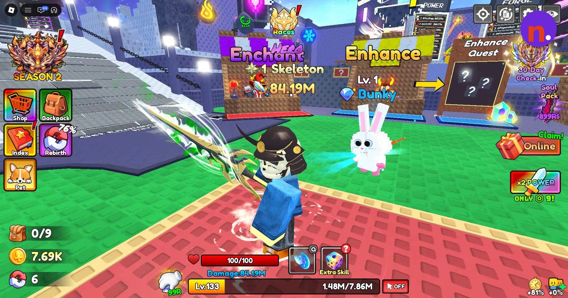 Bunky active beside the character in the hub