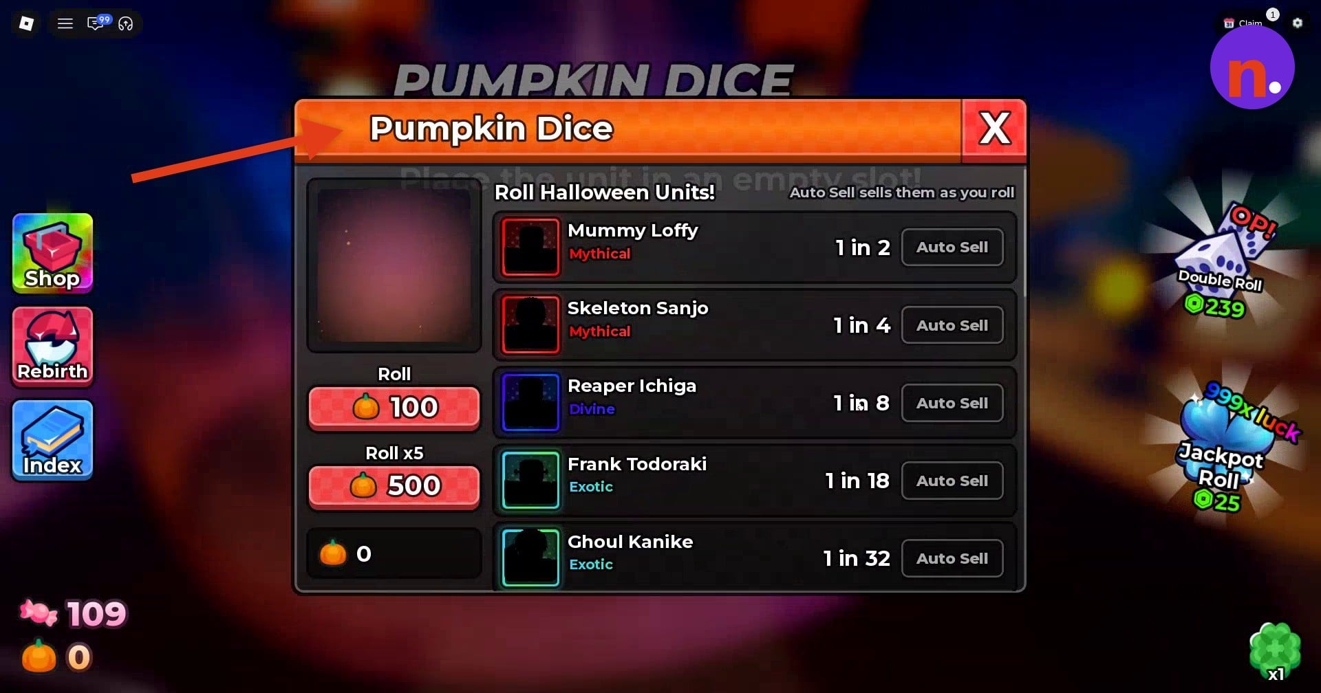 Pumpkin Dice roll menu