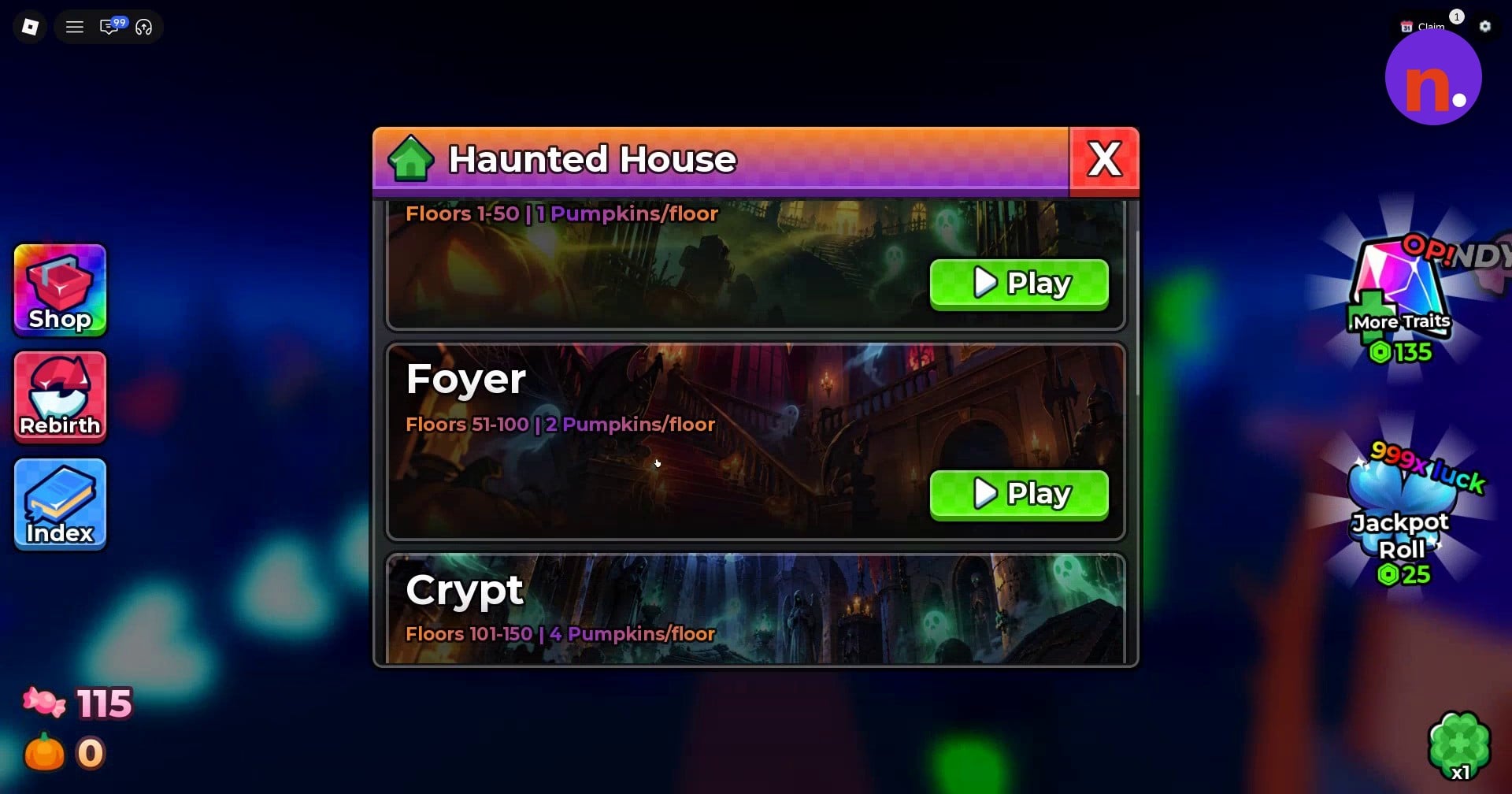Foyer and Crypt in the Haunted House menu