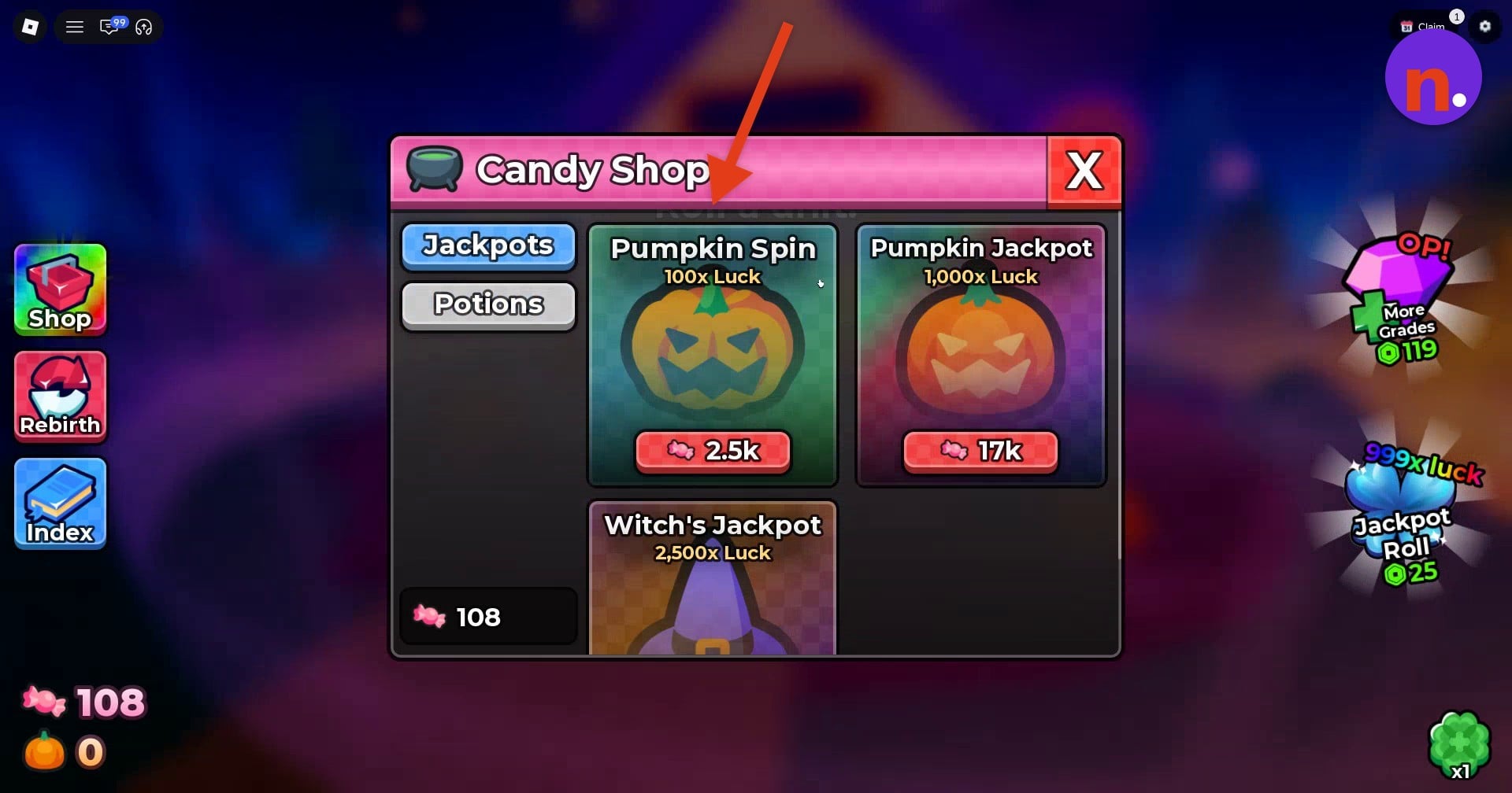 Candy Shop jackpot choices