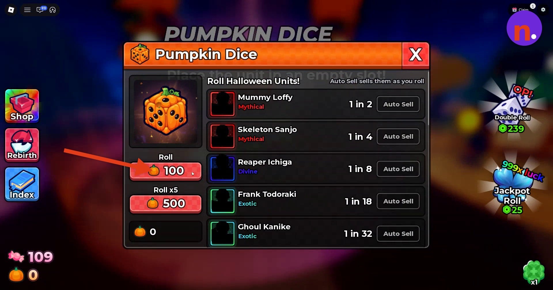 Pumpkin Dice roll controls and unit list