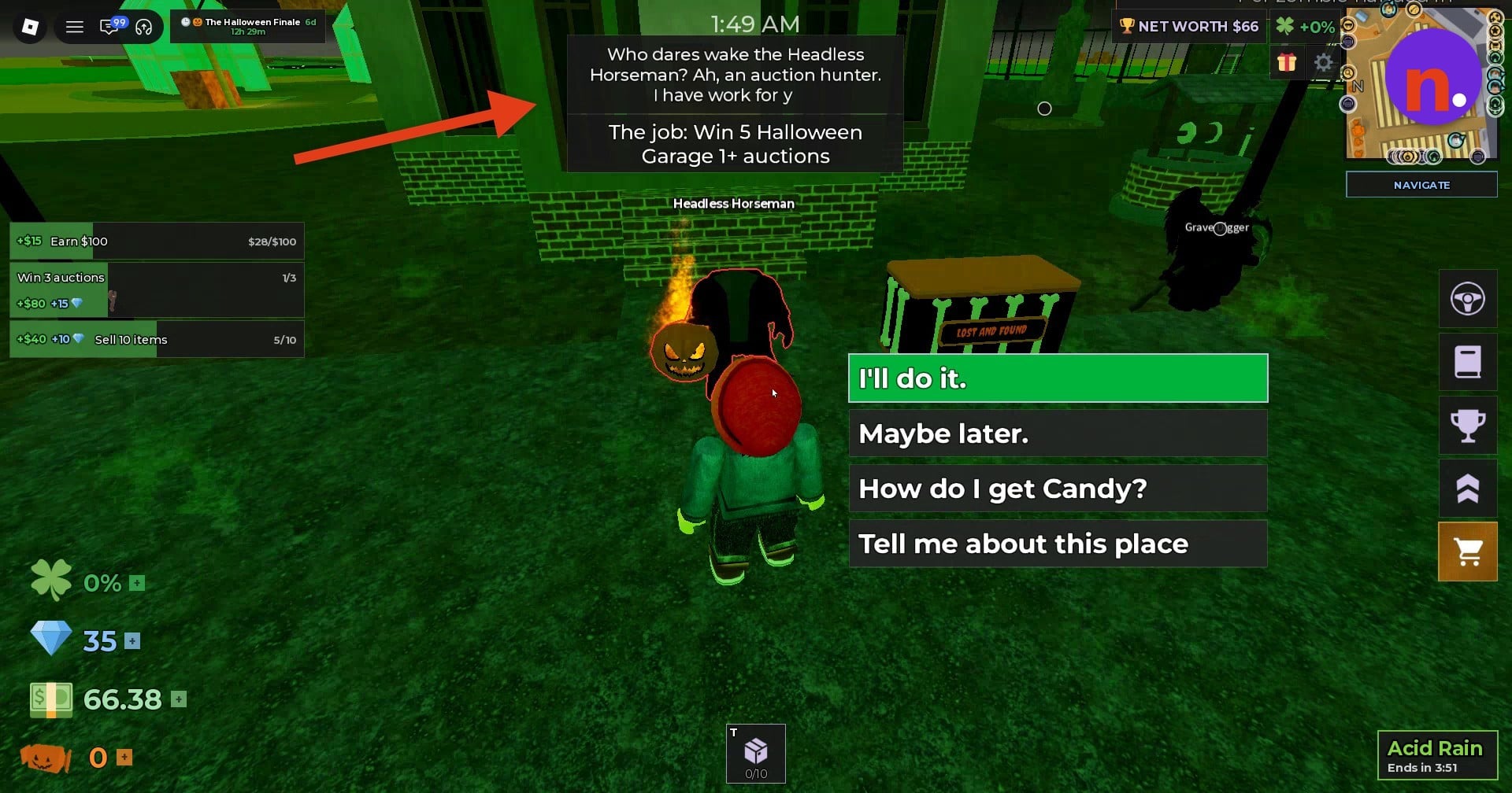 The Headless Horseman offers the quest and the candy dialogue option.