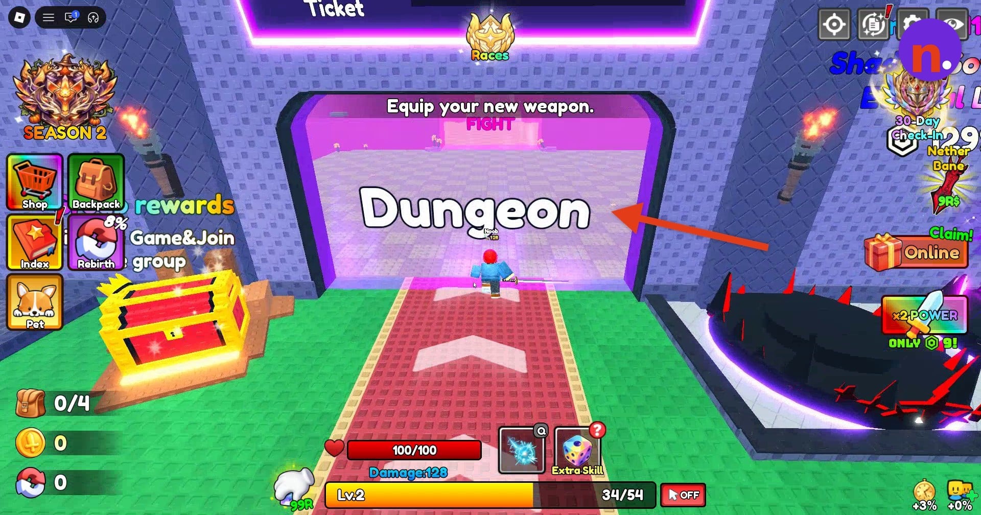 Follow the red carpet to the Dungeon entrance