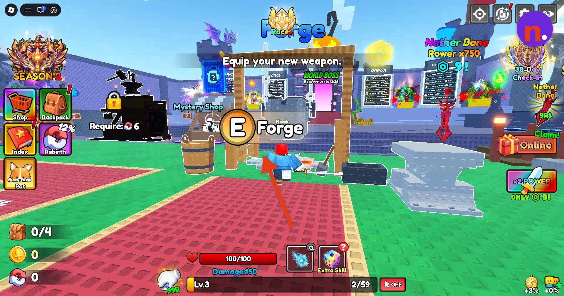 Approach Noob Forge in the lobby