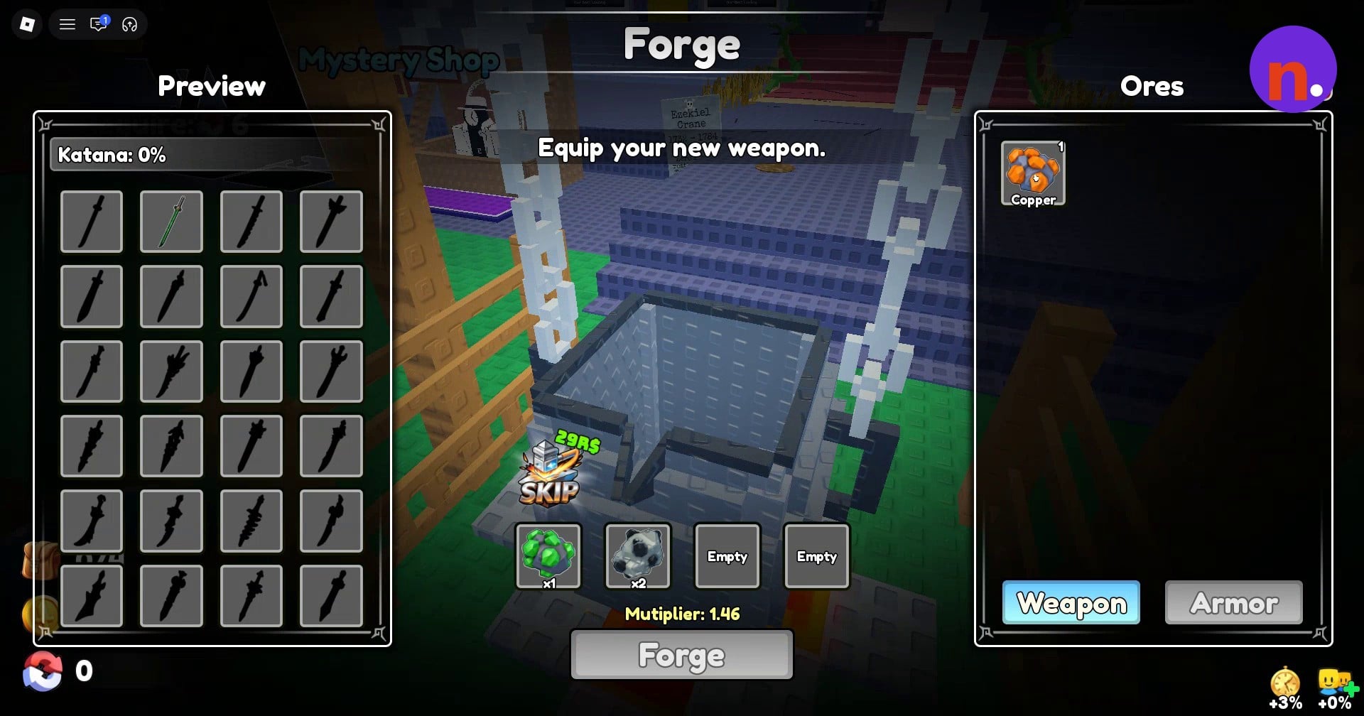 Place the recipe materials into the Forge slots