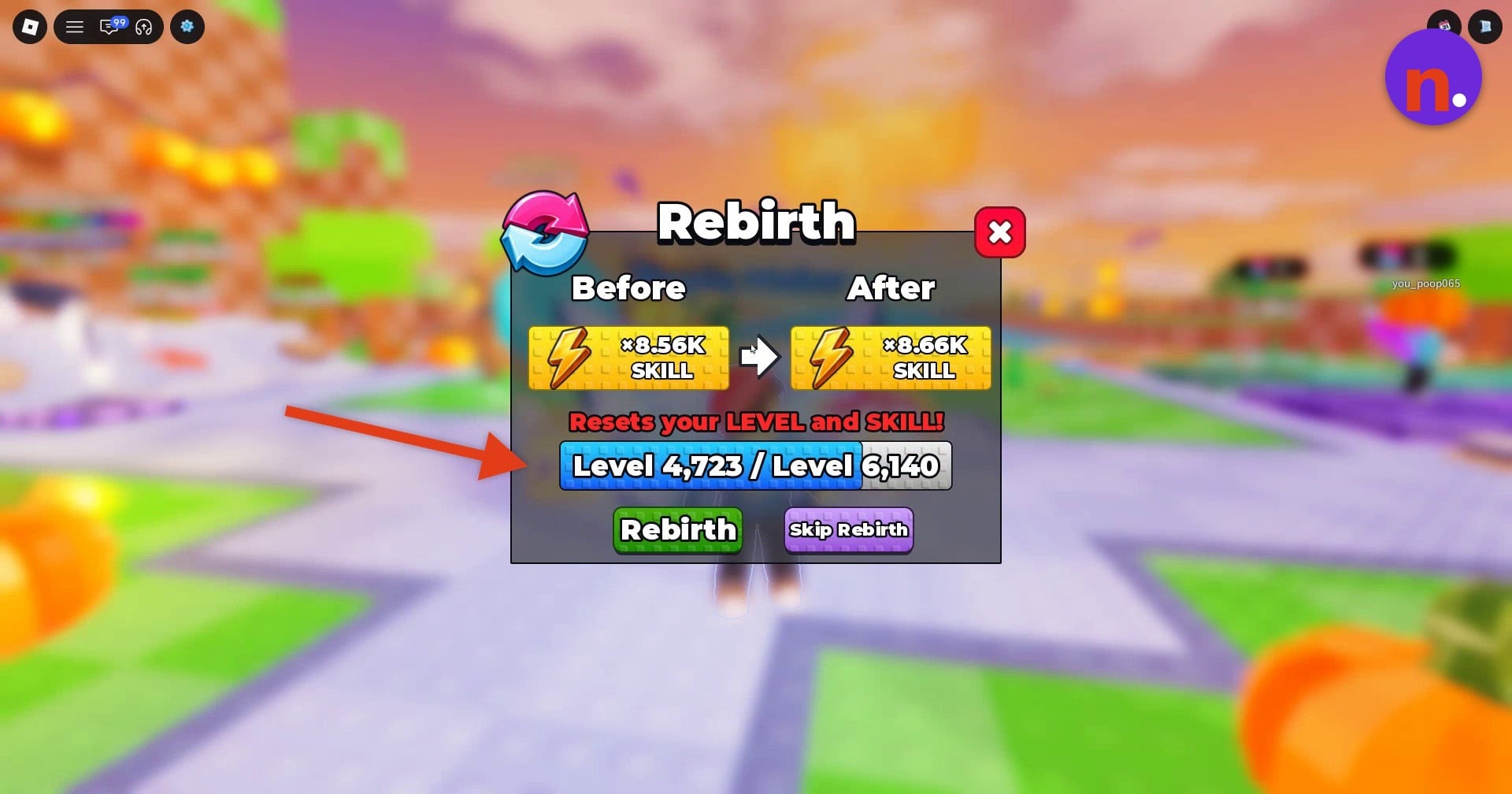 Read your current level and required level in Rebirth.