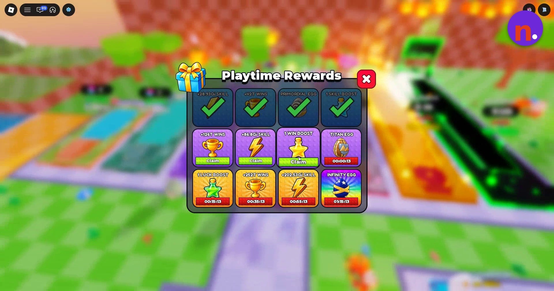 Playtime Rewards separates claimed rewards, Claim buttons, and locked entries.