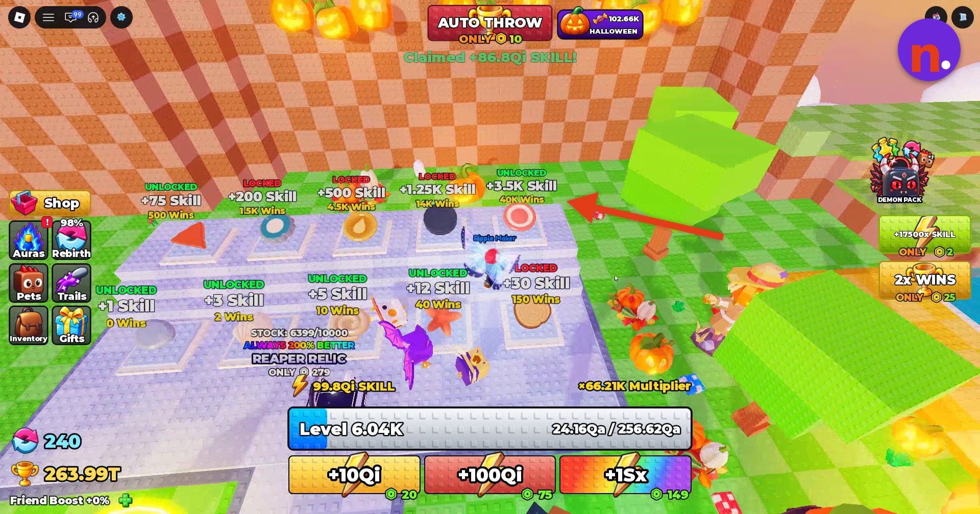 The stone pedestals display Skill bonuses and Wins prices.
