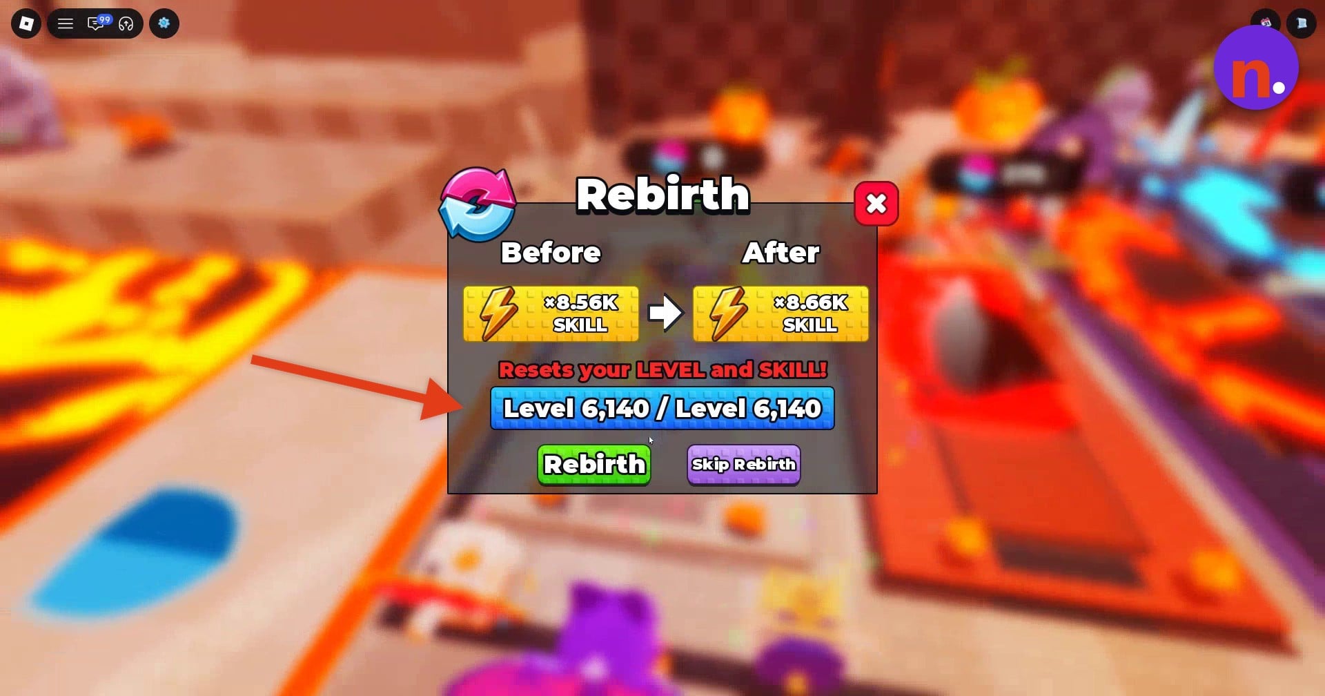The level display reaches the required total before you press Rebirth.