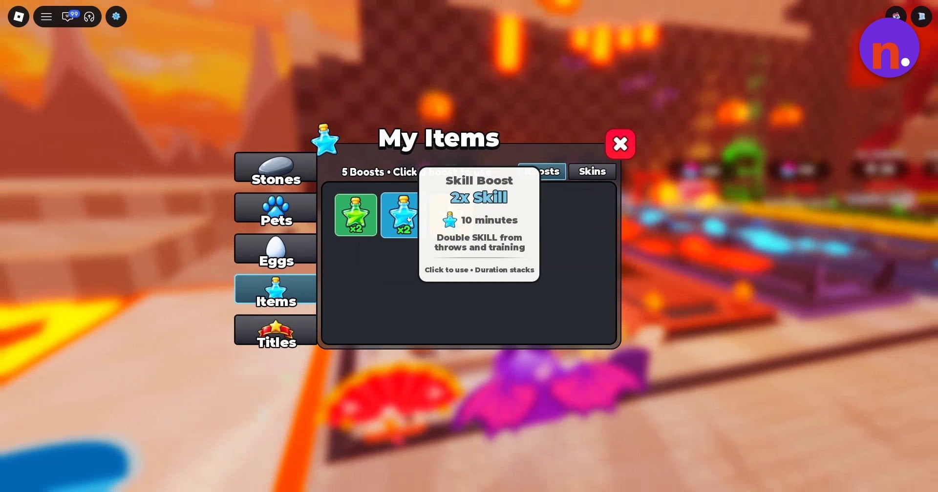 Skill Boost's item description identifies its effect and stacking duration.