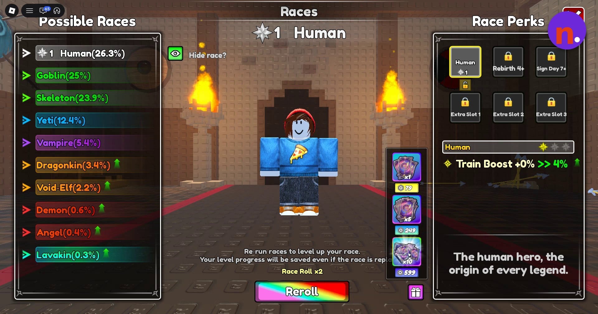 Race reroll ticket bundles and Robux prices