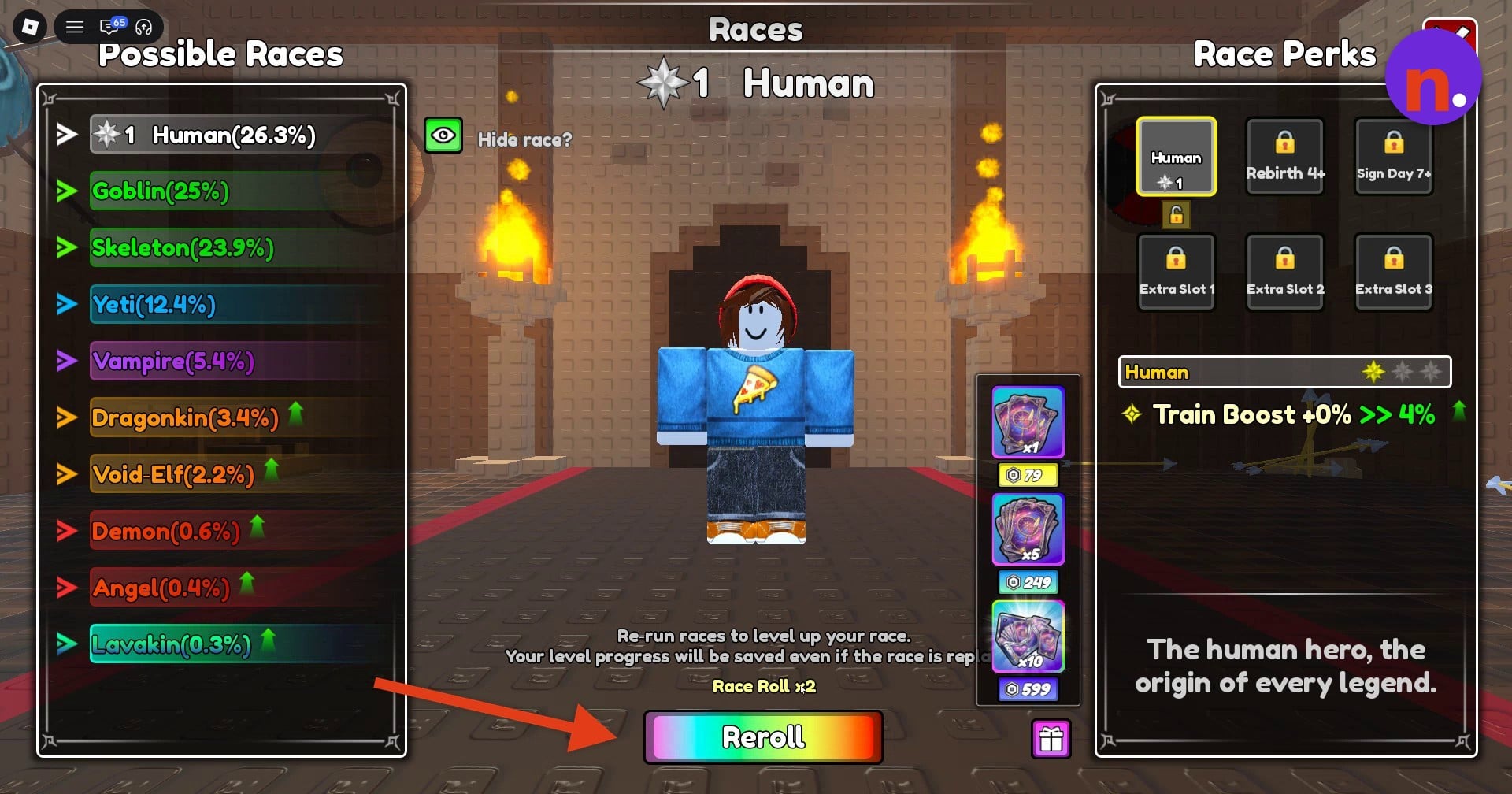 The Reroll button at the bottom of the menu