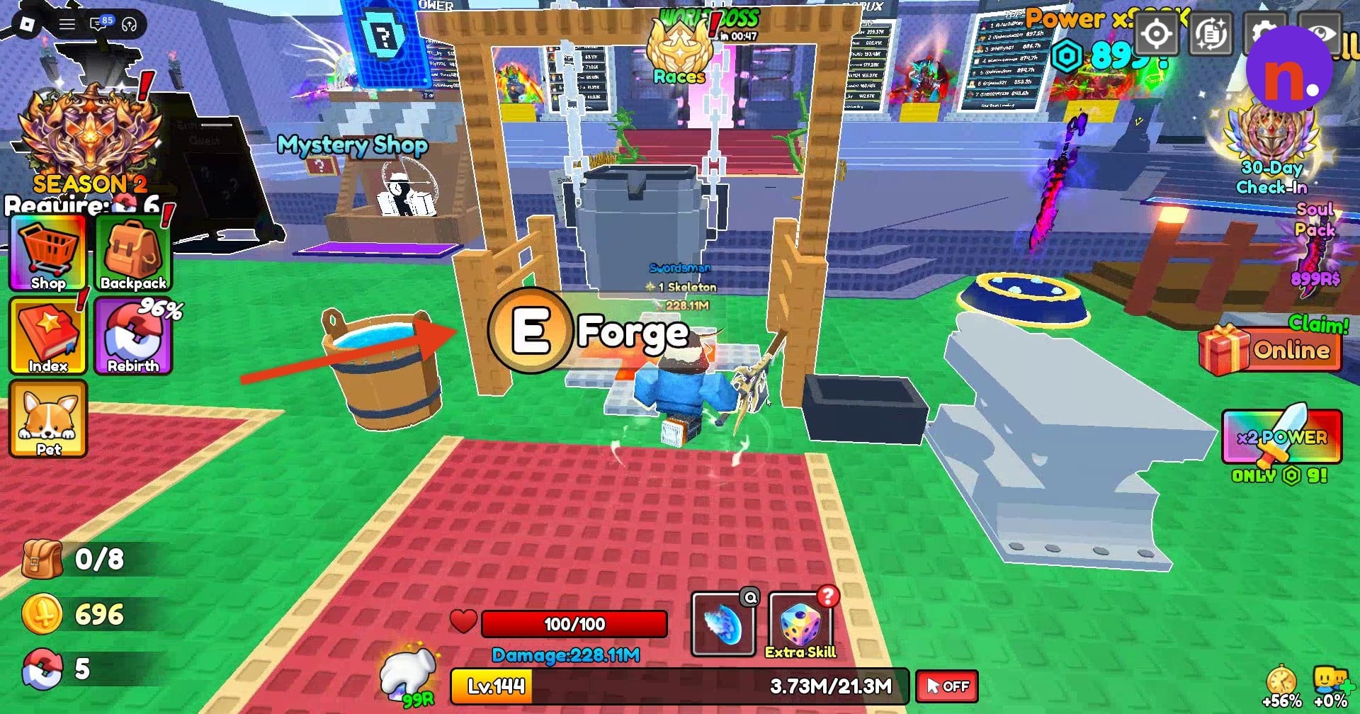 Look for the E Forge prompt at the hub’s cauldron
