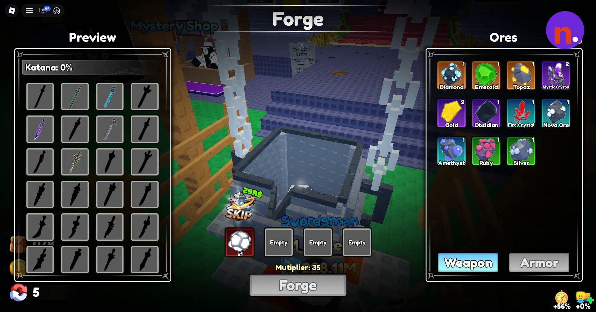 The initial recipe contains one Plasma Core