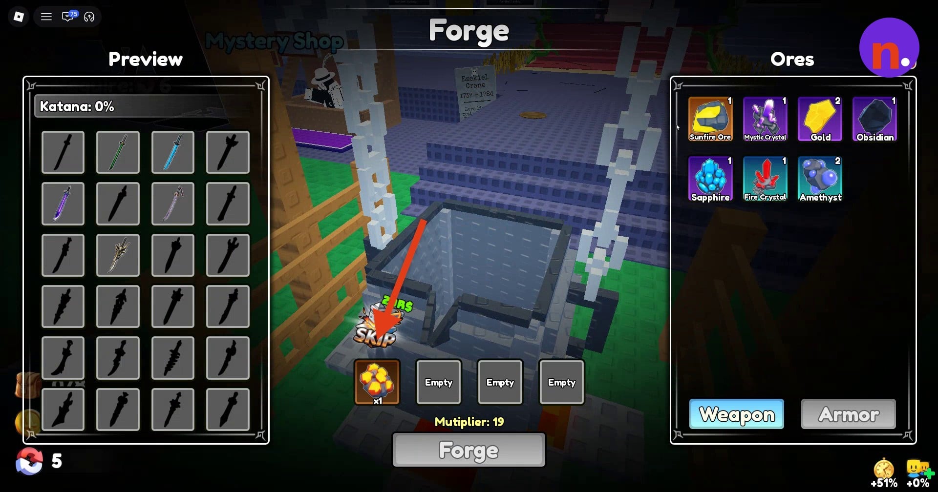 Find Sunfire Ore in the Forge interface