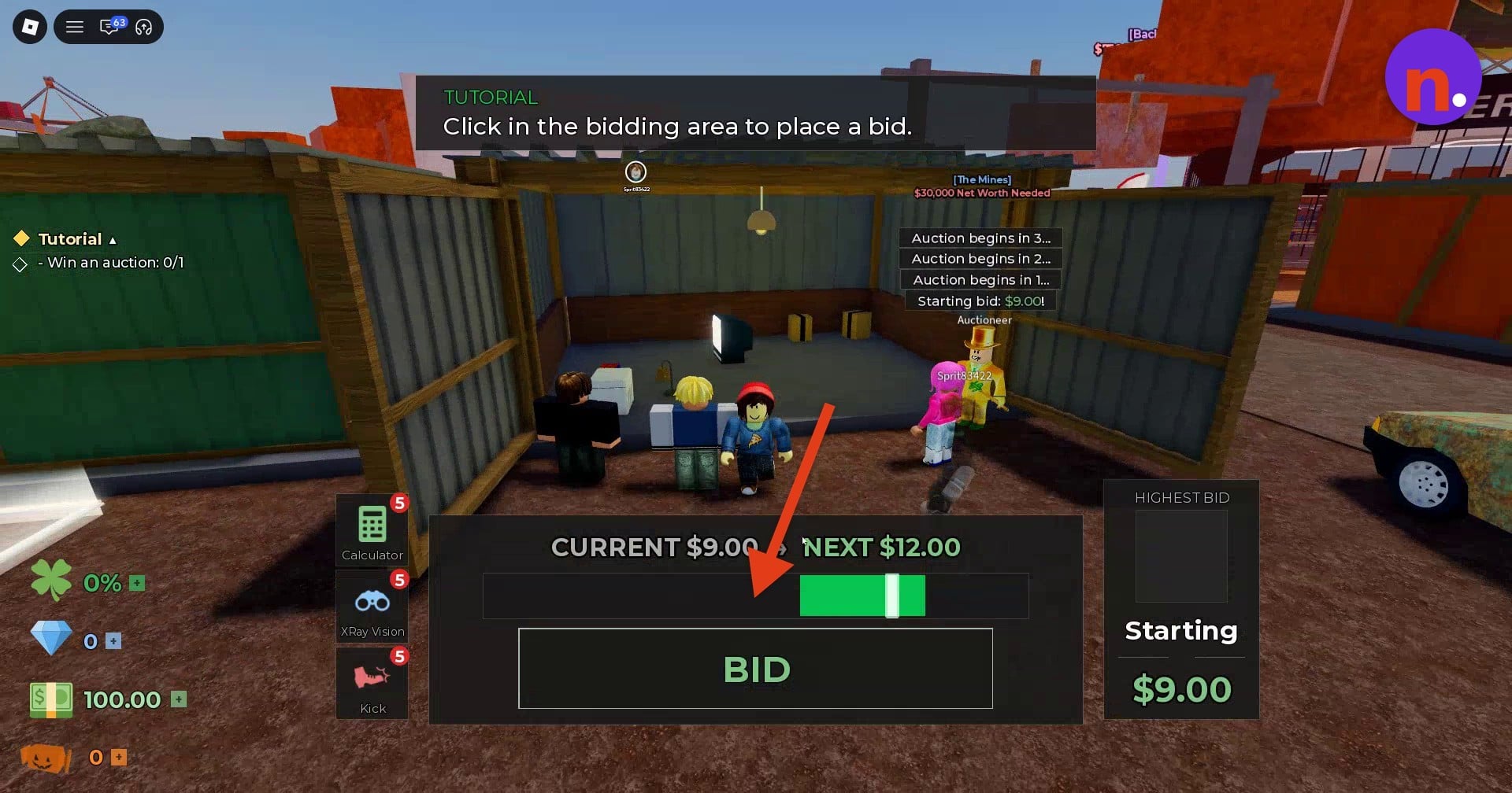 The auction's CURRENT, NEXT and BID controls