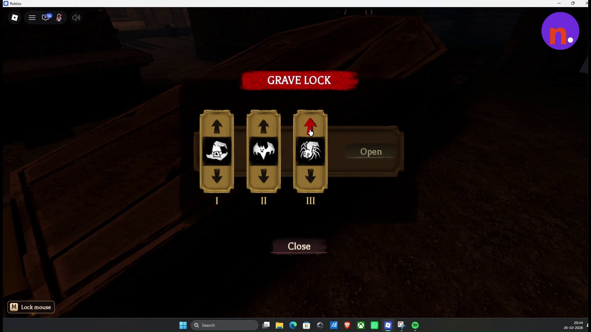 The GRAVE LOCK controls and three symbol dials