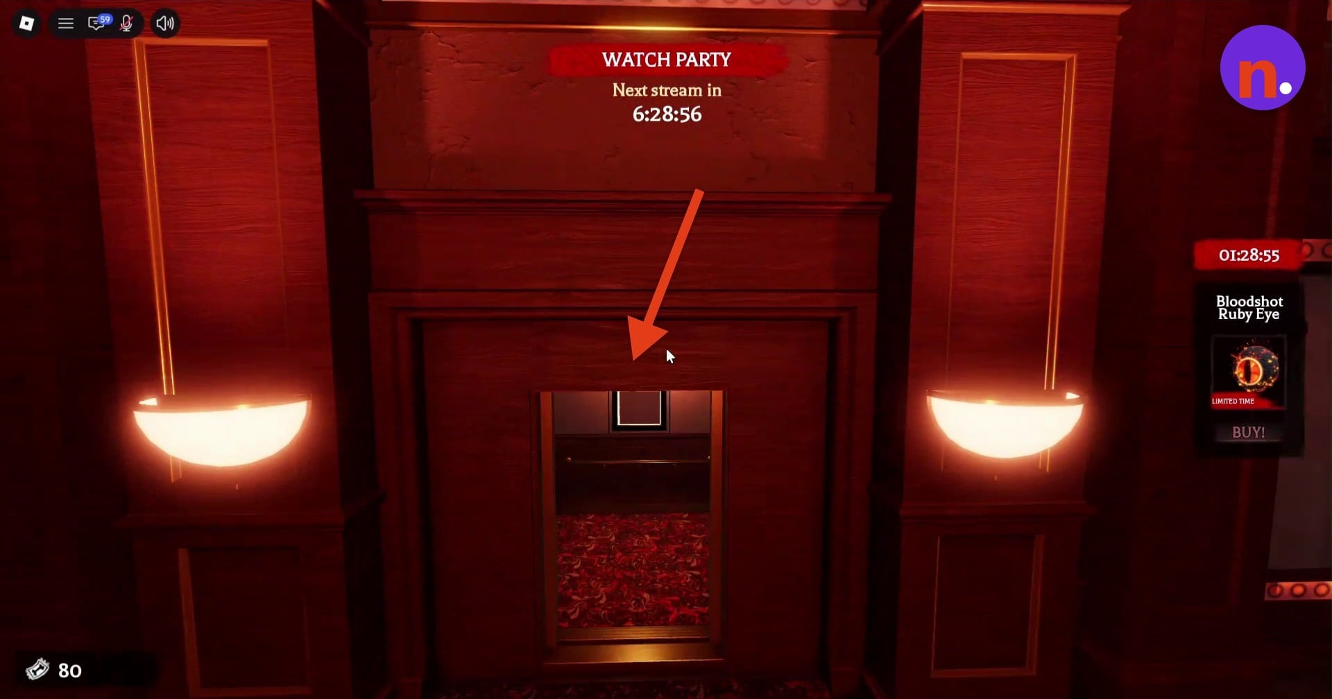 The open elevator at the end of the passage