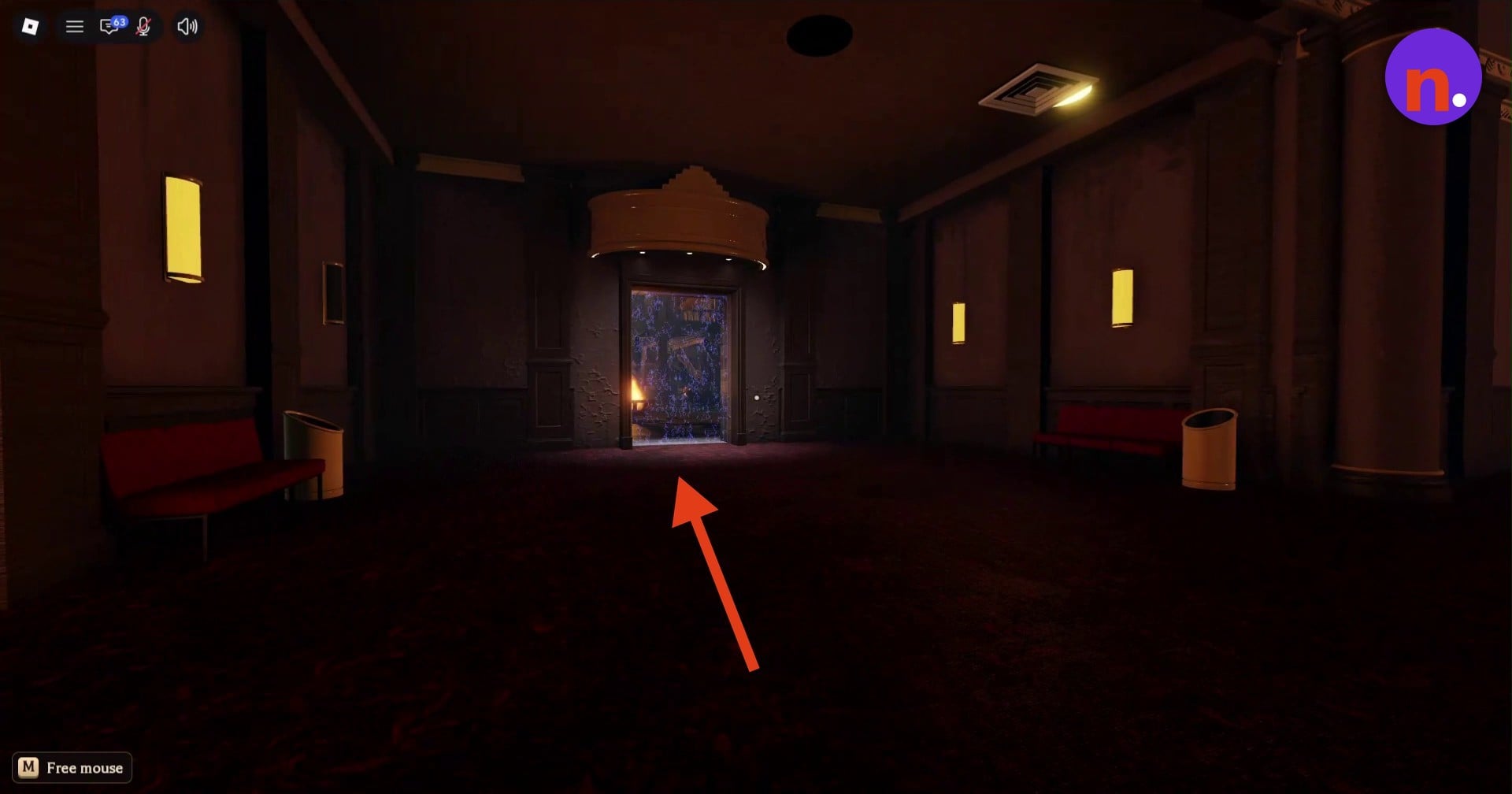 The purple portal at the end of the red-carpeted hallway