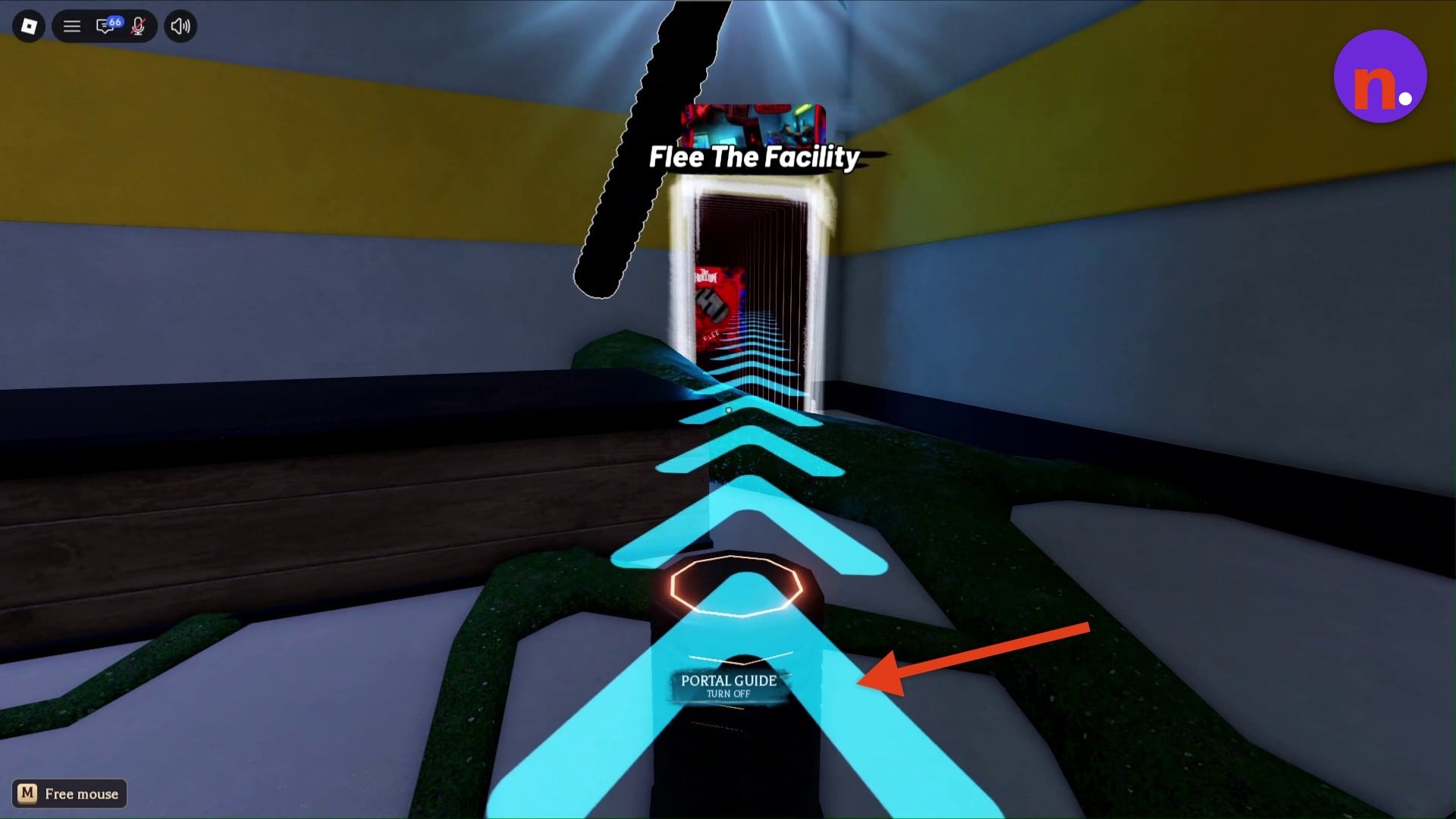 The portal-guide pedestal and blue arrows leading toward Flee the Facility