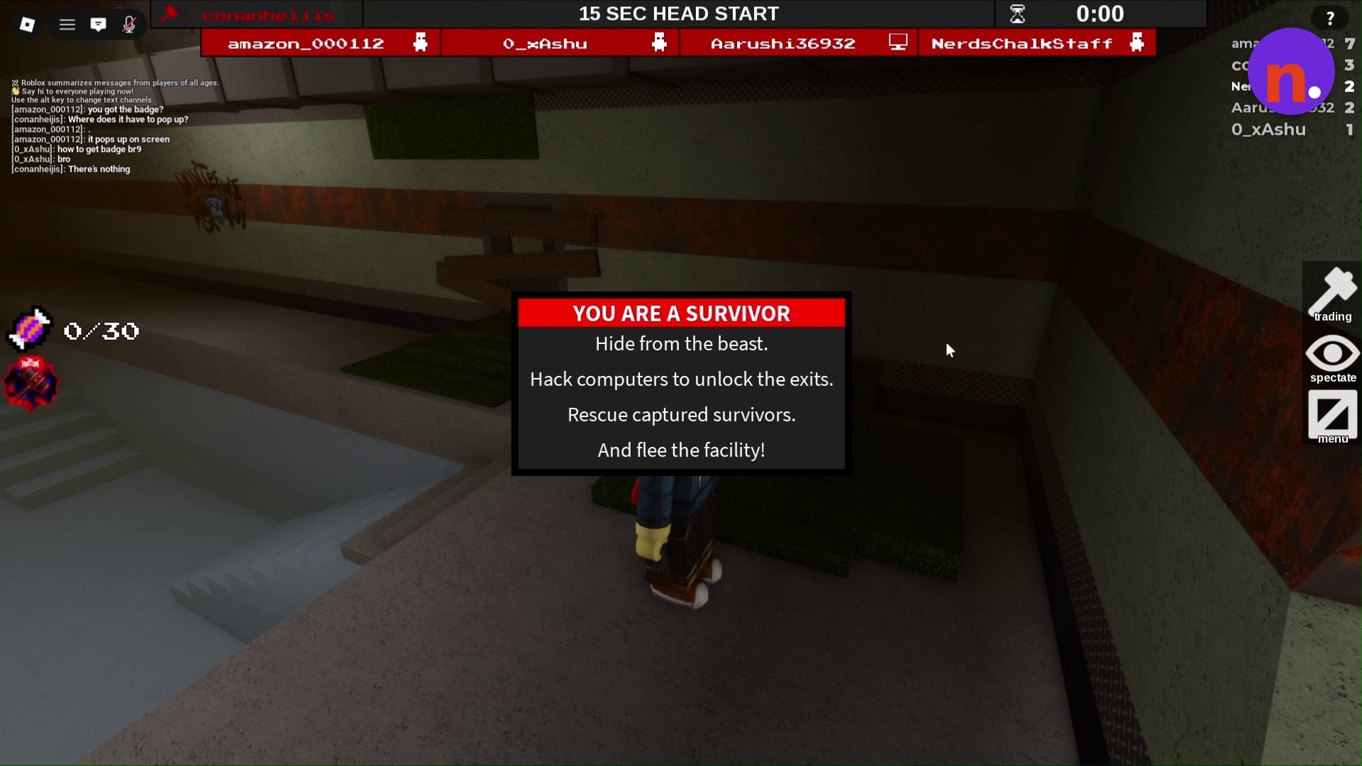 The Survivor role screen introduces your match objectives